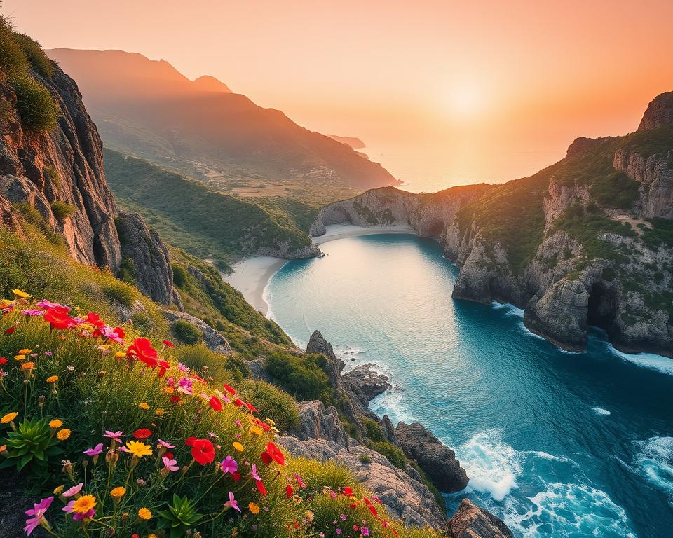 A breathtaking coastal hike in Sicily, showcasing steep cliffs adorned with vibrant wildflowers in the foreground, where gentle waves crash against the rocky shoreline. In the middle ground, a picturesque cove reveals crystalline turquoise water, inviting and tranquil. Lush greenery spills down from the hills, leading to a secluded beach nestled between cliffs. The background features a majestic mountain range painted in soft pastel hues by the setting sun, casting warm golden light across the scene. The sky is a gradient of orange and pink, creating a serene atmosphere. The image should capture this natural beauty with a wide-angle perspective, highlighting the vastness of the landscape under soft, diffused lighting, evoking a sense of adventure and tranquility. A breathtaking coastal hike in Sicily, showcasing steep cliffs adorned with vibrant wildflowers in the foreground, where gentle waves crash against the rocky shoreline. In the middle ground, a picturesque cove reveals crystalline turquoise water, inviting and tranquil. Lush greenery spills down from the hills, leading to a secluded beach nestled between cliffs. The background features a majestic mountain range painted in soft pastel hues by the setting sun, casting warm golden light across the scene. The sky is a gradient of orange and pink, creating a serene atmosphere. The image should capture this natural beauty with a wide-angle perspective, highlighting the vastness of the landscape under soft, diffused lighting, evoking a sense of adventure and tranquility.