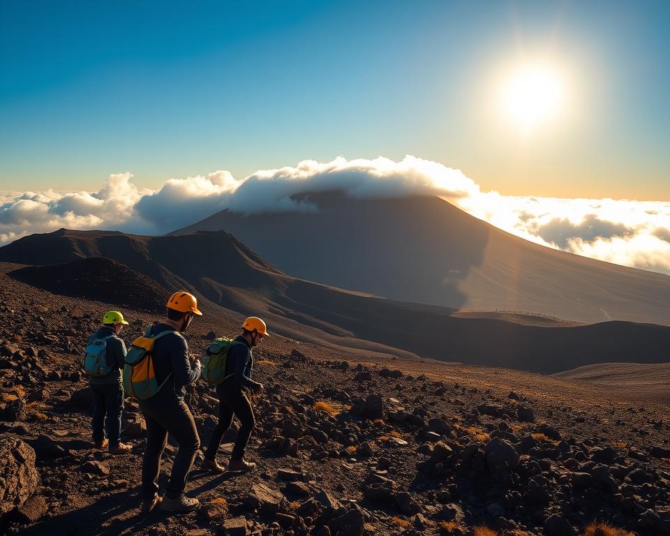 A breathtaking landscape capturing the safety aspects of hiking on Teide Mountain. In the foreground, a group of hikers wearing professional, safety-conscious attire, equipped with helmets and navigation tools, is discussing their route. In the middle ground, the rugged terrain of Teide, characterized by volcanic rock formations and patches of sparse vegetation, creates a challenging environment. The background showcases the majestic peak of Teide, partially shrouded in atmospheric clouds under a bright blue sky with a warm golden hue from the late afternoon sun. The scene is illuminated by soft, natural light, highlighting the textures of the rocky landscape while evoking a sense of adventure and caution. The overall mood suggests a balance of excitement and vigilance essential for a safe hiking experience.