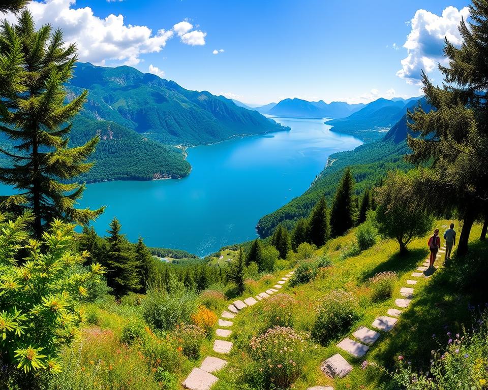A breathtaking panoramic view of Lake Como during a mid-day hike, framed by vibrant green mountains and lush trees in the foreground. The middle ground showcases meandering hiking trails lined with wildflowers and rustic stone pathways, inviting adventurers to explore. In the background, the azure lake sparkles under the warm sunlight, creating a dramatic contrast with the deep greenery of the slopes. The sky is clear with a few fluffy white clouds, enhancing the serene yet exhilarating atmosphere. The image should be captured with a wide-angle lens to convey the vastness of the landscape, emphasizing the awe-inspiring beauty of the surroundings. The overall mood should be uplifting and inspiring, perfect for illustrating a mid-level hiking experience with stunning views. A breathtaking panoramic view of Lake Como during a mid-day hike, framed by vibrant green mountains and lush trees in the foreground. The middle ground showcases meandering hiking trails lined with wildflowers and rustic stone pathways, inviting adventurers to explore. In the background, the azure lake sparkles under the warm sunlight, creating a dramatic contrast with the deep greenery of the slopes. The sky is clear with a few fluffy white clouds, enhancing the serene yet exhilarating atmosphere. The image should be captured with a wide-angle lens to convey the vastness of the landscape, emphasizing the awe-inspiring beauty of the surroundings. The overall mood should be uplifting and inspiring, perfect for illustrating a mid-level hiking experience with stunning views.