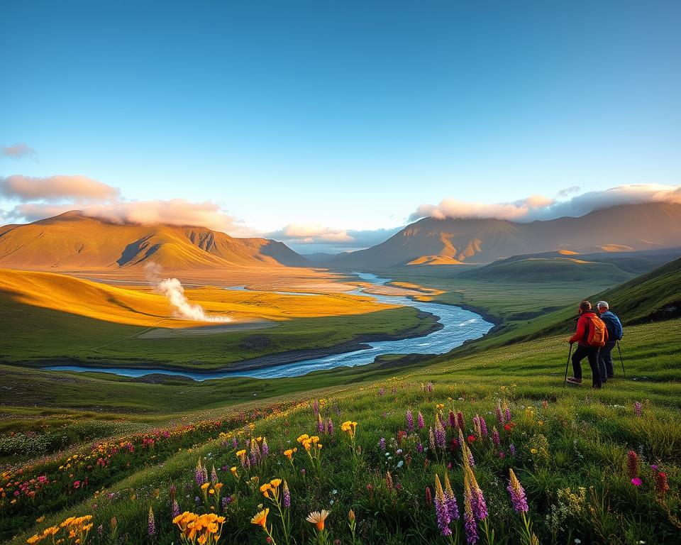A breathtaking panoramic view of Reykjadalur valley during the ideal hiking season, showcasing vibrant green hills dotted with colorful wildflowers in the foreground. In the middle, a gently flowing thermal river with steam rising, inviting hikers to enjoy its warm waters. The background features dramatic volcanic mountains under a clear blue sky with soft white clouds. Late afternoon golden sunlight casts a warm glow across the landscape, enhancing the vibrant colors and creating long shadows. A few hikers, dressed in casual outdoor attire, are enjoying the scenery while exploring the area, embodying a sense of adventure and tranquility. The overall atmosphere is serene and inviting, perfect for planning a safe and enjoyable hike.