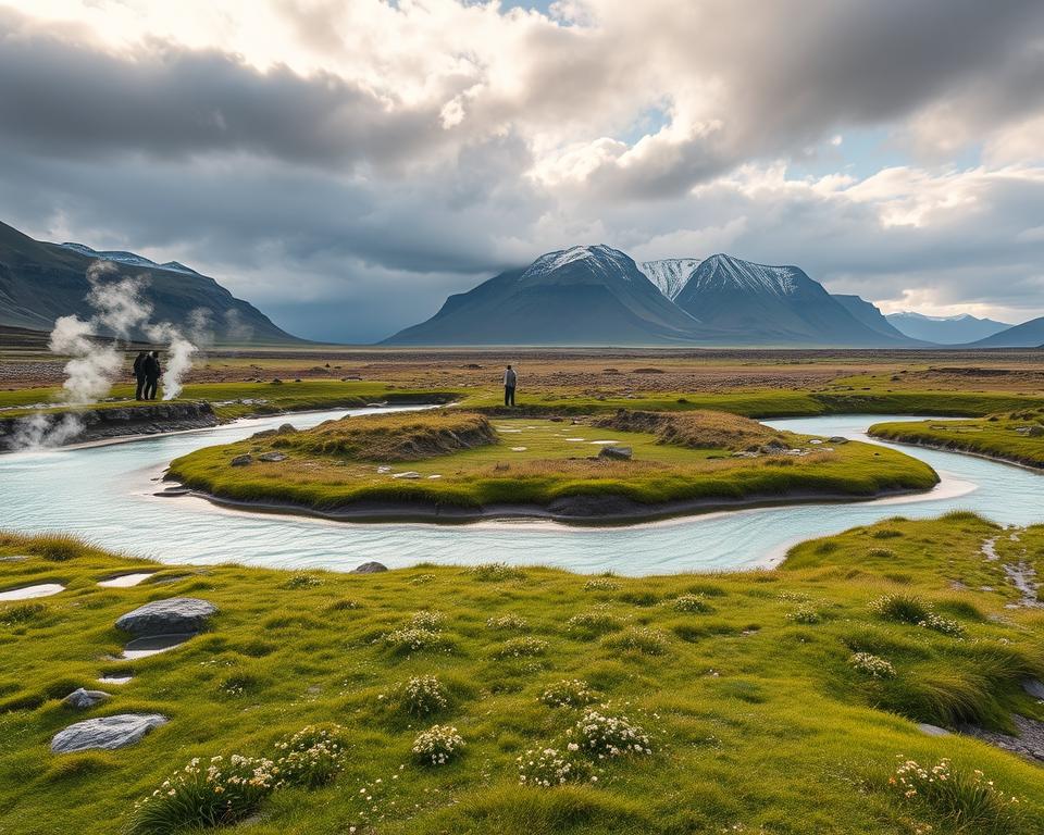 A breathtaking scene of the Reykjadalur hot springs, showcasing the steaming thermals amidst rugged Icelandic landscapes. In the foreground, gently bubbling hot springs flow into a winding thermal river with vibrant mineral-rich water reflecting hues of blue and green. The middle ground features lush grasslands dotted with wildflowers, along with curious hikers in modest casual clothing admiring the view. In the background, majestic mountains rise against a dramatic sky, with soft sunlight breaking through the clouds, illuminating the landscape with a warm glow. The atmosphere is tranquil yet awe-inspiring, inviting exploration and capturing the beauty of nature. Use a wide-angle lens to enhance the depth of the scene and emphasize the vastness of the landscape.