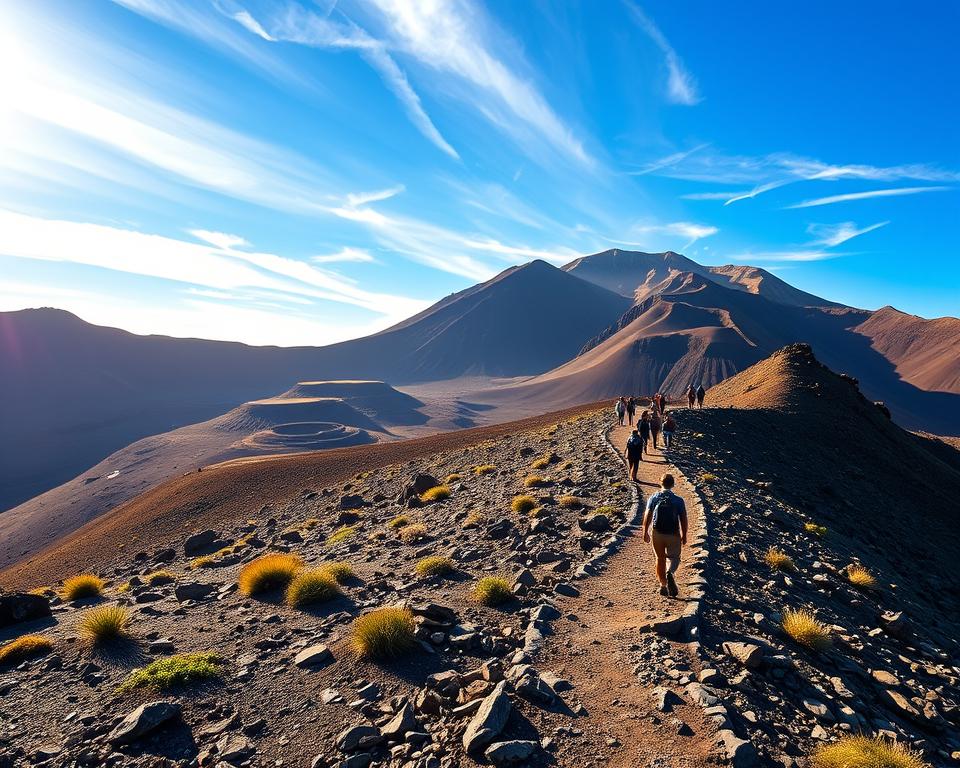 A breathtaking view of Gipfelpfad Teide, showcasing the dramatic ascent towards the summit of Mount Teide. In the foreground, the rugged volcanic terrain features a winding, rocky path amidst scattered patches of hardy vegetation, lightly dusted with volcanic ash. Moving into the middle ground, a group of determined hikers in modest casual clothing progress along the trail, their silhouettes framed against the majestic mountain backdrop. The background features the towering peak of Mount Teide bathed in warm golden sunlight, casting long shadows and highlighting the intricate textures of the craters and rocky formations. The sky above is a brilliant blue with wisps of clouds, adding to the serene yet formidable atmosphere of this natural wonder. The scene captures both the challenge and beauty of this iconic hiking experience.