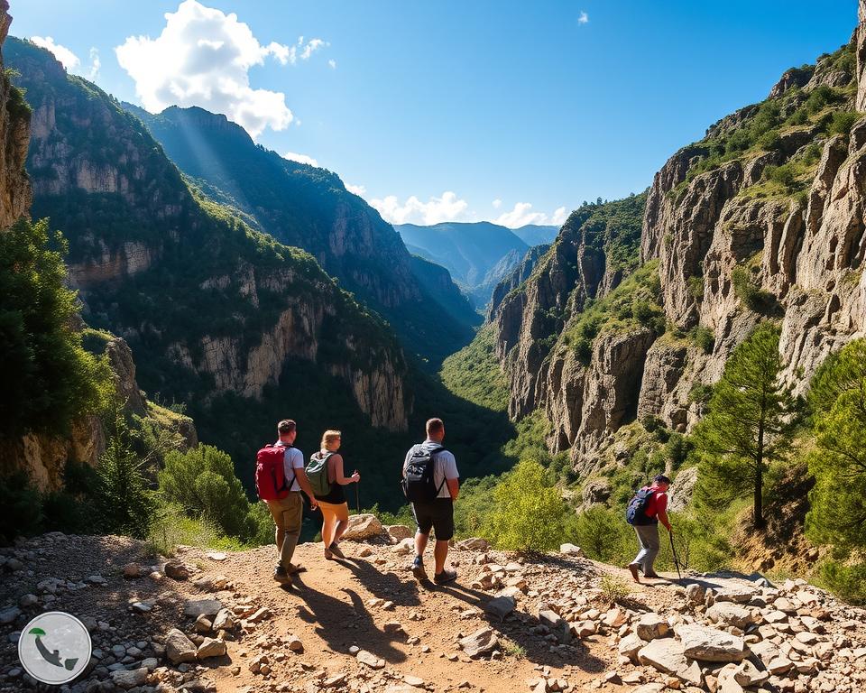 A breathtaking view of Kourtaliotiko Gorge during a guided hiking tour. In the foreground, a group of three hikers in modest casual clothing, equipped with backpacks, traverses a rugged, rocky trail. In the middle, the dramatic gorge walls rise high, showcasing sheer cliffs with patches of lush green vegetation. The sunlight filters through the trees, casting dappled shadows on the ground, enhancing the sense of adventure. In the background, a blue sky with a few fluffy clouds contrasts against the earthy tones of the canyon. The atmosphere is filled with a sense of exploration and tranquility, ideal for illustrating the theme of guided versus self-guided tours in a natural landscape. The image captures the thrill of discovery in this stunning setting, with a warm golden hour lighting adding a sense of serenity.