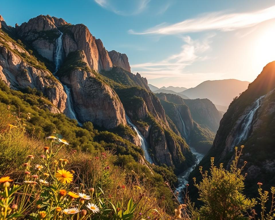 A breathtaking view of Kourtaliotiko Gorge during the ideal hiking season. In the foreground, showcase vibrant wildflowers and lush green vegetation, hinting at the rich biodiversity. The middle layer should feature the dramatic cliffs of the gorge, with rocky outcrops and cascading waterfalls that reflect the sunlight. The background should portray a clear blue sky with wispy clouds, illuminating the scene in warm golden light, mimicking a late afternoon glow. Emphasize the sense of adventure and tranquility, inviting viewers to envision their own journey through this majestic gorge. Capture the atmosphere of a perfect hiking day, with soft shadows highlighting the textures of the rocks and greenery.