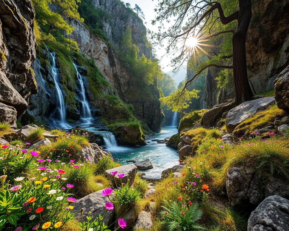 A breathtaking view of Kourtaliotiko Gorge, showcasing a lush ecosystem teeming with diverse flora and fauna. In the foreground, vibrant wildflowers in a mix of colors bloom amongst rugged rocks, while small ferns and moss cover the ground. The middle ground reveals dramatic cliffs with cascading waterfalls that flow into a crystal-clear stream below. Towering trees with rich green leaves provide shade, hinting at vibrant birds flitting among branches. In the background, the sun peeks through the canyon, casting golden rays that illuminate the scenery, creating a serene and inviting atmosphere. The image captures a sense of adventure and tranquility, inviting viewers to explore this natural wonder. Use a wide-angle lens to emphasize depth, with soft, natural lighting to enhance the beauty of the ecosystem.