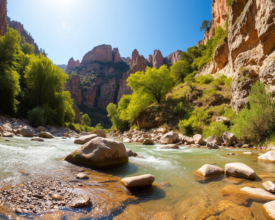 A breathtaking view of Kourtaliotiko Gorge, showcasing its dramatic cliffs and lush vegetation. In the foreground, a clear, flowing river winds through smooth stones, reflecting the sunlight. In the middle ground, vibrant green trees cling to the steep cliffs, with the trail visibly winding along the gorge's edge, inviting adventurers to explore. The background features towering rock formations bathed in warm golden light, creating a sense of depth and awe. The sky above is a brilliant blue, enhancing the natural beauty of the scene. Capture this moment with a wide-angle lens to emphasize the grandeur of the gorge, invoking a feeling of adventure and tranquility, perfect for photographic exploration. The atmosphere is serene yet invigorating, perfect for nature photography.