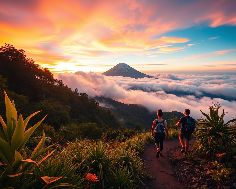 A breathtaking view of Mount Agung Gipfel during sunrise, capturing the majestic peak shrouded in soft clouds. In the foreground, lush greenery and diverse tropical plants are illuminated by warm golden light, inviting adventurers to explore the hiking path. The middle ground features hikers dressed in modest casual clothing, trekking along a narrow trail that winds upwards, their expressions reflecting determination and a sense of adventure. In the background, the grand silhouette of Mount Agung rises dramatically against a vibrant sky painted with shades of orange, pink, and purple, enhancing the mood of anticipation and excitement. The composition is framed at a slight angle to emphasize the scale of the mountain, showcasing the beauty of nature and the spirit of exploration.