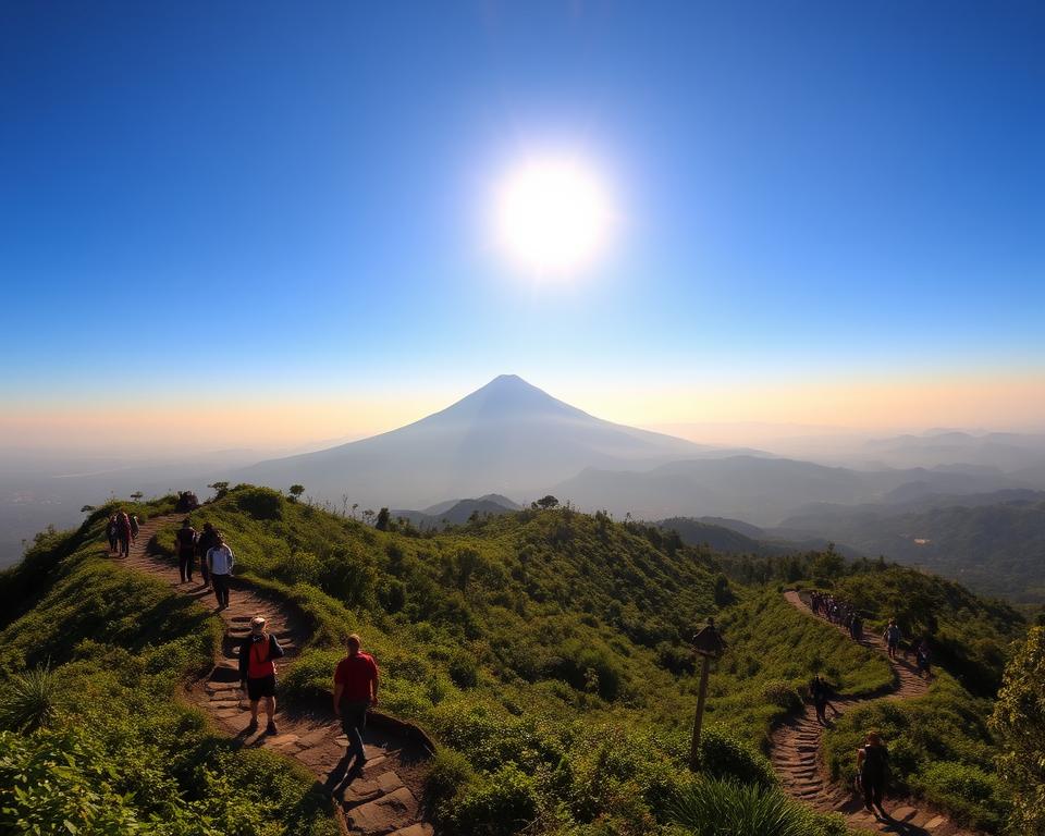 A breathtaking view of Mount Agung, captured at sunrise, showcasing its majestic peak illuminated by golden rays. In the foreground, a winding hiking trail leads through lush green foliage, revealing small groups of hikers dressed in modest, casual clothing, gazing up at the mountain. In the middle ground, various hiking paths are visible branching out, each trail marked by unique terrain and varying densities of trees and rocks, reflecting the different routes available for adventurers. The background features a clear sky transitioning from deep blue to warm orange, and a distant view of the serene landscape surrounding Bali, adding a sense of tranquility and adventure. The atmosphere is uplifting and inspiring, inviting viewers to explore the natural beauty of Mount Agung.