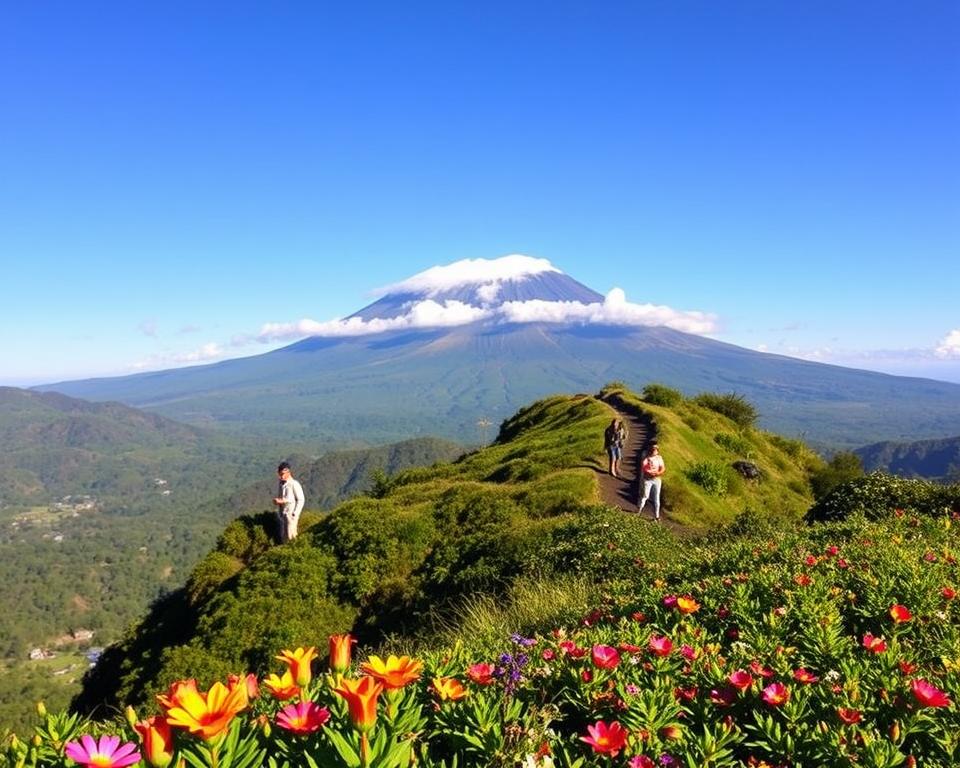 A breathtaking view of Mount Agung in Bali, towering majestically against a clear blue sky. In the foreground, a lush green hillside dotted with vibrant tropical flowers, inviting adventurers for a trek. The middle ground features a winding trail leading up the mountain, with diverse vegetation and a few hikers, dressed in modest casual clothing, taking in the scenery. In the background, the iconic peak of Mount Agung, partially shrouded in soft white clouds, emanates a sense of awe. The lighting is soft and warm, indicative of late afternoon, casting gentle shadows that enhance the landscape's texture. The atmosphere is peaceful yet invigorating, evoking a spirit of adventure and exploration. The image should convey the beauty and majesty of trekking at Mount Agung.