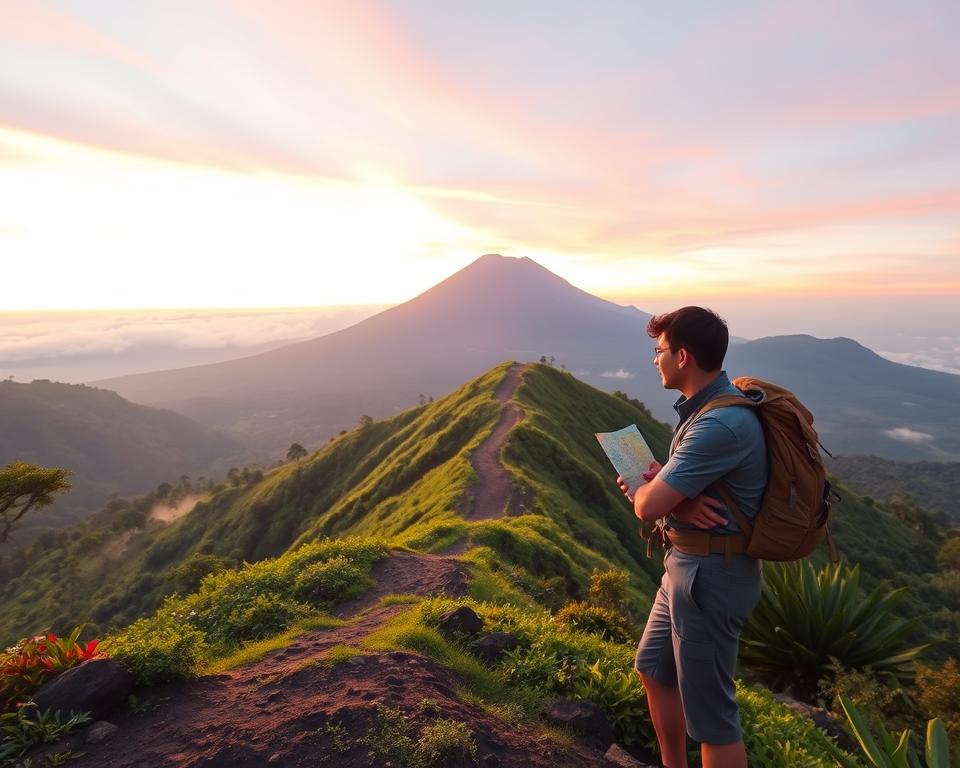 A breathtaking view of Mount Agung, the majestic volcano in Bali, captured at sunrise. In the foreground, a professional hiking guide, dressed in modest trekking attire, stands confidently with a map in hand, gazing towards the mountain's peak. The middle ground features a winding trail leading up the lush green slopes, flanked by vibrant tropical flora and scattered rocks. In the background, the imposing silhouette of Mount Agung rises against a sky painted with soft hues of orange, pink, and violet, casting a warm glow over the landscape. The scene is illuminated by soft, diffused morning light, with a slight mist adding an air of mystique. The overall atmosphere conveys a sense of adventure and exploration, inviting viewers to join the journey.