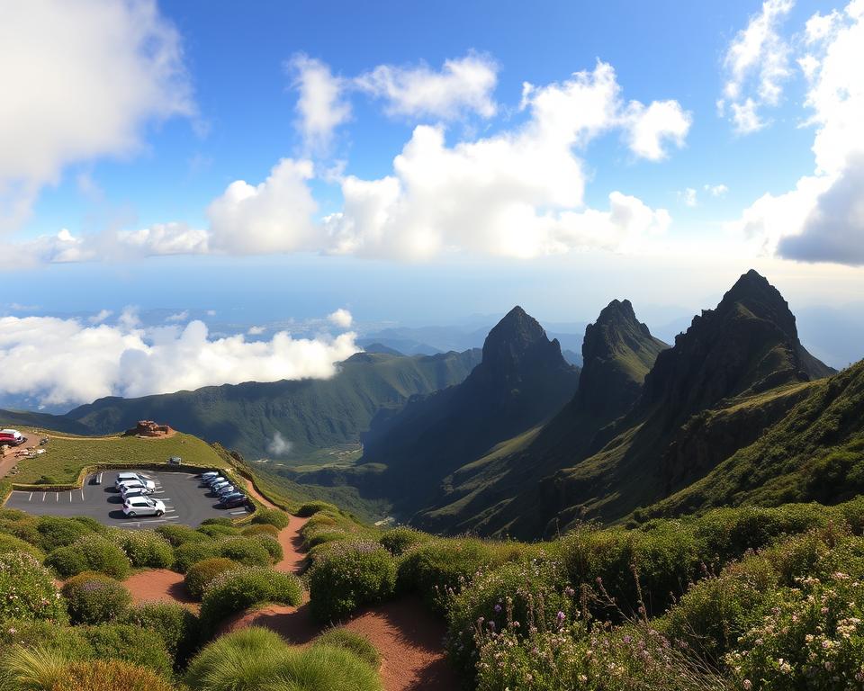 A breathtaking view of Pico do Arieiro in Madeira, showcasing the dramatic peaks and rolling clouds. In the foreground, a well-marked hiking path winds through lush greenery with wildflowers in bloom. To the left, a small, organized parking area accommodates several cars, indicating accessibility for adventurers. In the middle ground, sharp cliffs rise beneath a brilliant blue sky dotted with white clouds, while patches of sunlight illuminate the rocky terrain. The background features distant mountain ranges fading into the horizon, with a soft haze adding depth. The scene radiates tranquility and adventure, captured in warm, natural lighting as if at early morning. Opt for a wide-angle perspective to emphasize the grandeur of nature. A breathtaking view of Pico do Arieiro in Madeira, showcasing the dramatic peaks and rolling clouds. In the foreground, a well-marked hiking path winds through lush greenery with wildflowers in bloom. To the left, a small, organized parking area accommodates several cars, indicating accessibility for adventurers. In the middle ground, sharp cliffs rise beneath a brilliant blue sky dotted with white clouds, while patches of sunlight illuminate the rocky terrain. The background features distant mountain ranges fading into the horizon, with a soft haze adding depth. The scene radiates tranquility and adventure, captured in warm, natural lighting as if at early morning. Opt for a wide-angle perspective to emphasize the grandeur of nature.