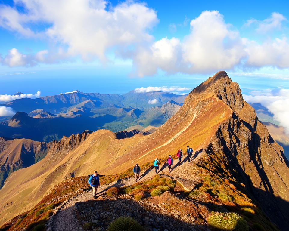 A breathtaking view of Pico do Arieiro in Madeira, showcasing the rugged terrain and dramatic cliffs. In the foreground, a winding hiking path leads towards the summit, and a few hikers in modest outdoor clothing are captured navigating the rocky trail, demonstrating the challenge of the ascent. The middle ground features steep slopes adorned with vibrant mountain flora and rocky outcroppings, while the background reveals a panoramic vista of jagged mountain ranges beneath a bright blue sky dotted with white clouds. The lighting is warm and golden, evoking a late afternoon glow that enhances the textures of the rocky landscape. The overall mood is adventurous and inspiring, emphasizing the beauty and challenge of hiking on Pico do Arieiro. A breathtaking view of Pico do Arieiro in Madeira, showcasing the rugged terrain and dramatic cliffs. In the foreground, a winding hiking path leads towards the summit, and a few hikers in modest outdoor clothing are captured navigating the rocky trail, demonstrating the challenge of the ascent. The middle ground features steep slopes adorned with vibrant mountain flora and rocky outcroppings, while the background reveals a panoramic vista of jagged mountain ranges beneath a bright blue sky dotted with white clouds. The lighting is warm and golden, evoking a late afternoon glow that enhances the textures of the rocky landscape. The overall mood is adventurous and inspiring, emphasizing the beauty and challenge of hiking on Pico do Arieiro.