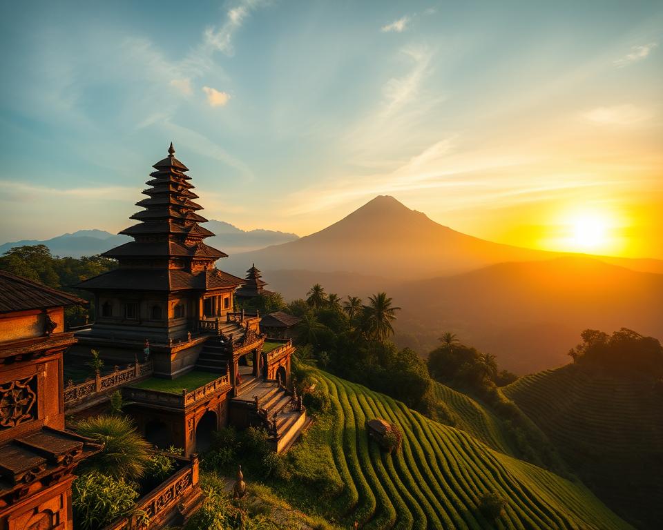 A breathtaking view of Pura Besakih Temple, elegantly perched on the slopes of Mount Agung in Bali. In the foreground, the intricate details of the temple architecture are highlighted, showcasing ornate carvings and traditional Balinese design. The middle ground features lush green rice terraces that cascade down the mountainside, framing the temple in a natural embrace. In the background, the majestic silhouette of Mount Agung towers under a vibrant sunrise, casting warm golden light across the landscape. The atmosphere exudes tranquility and spirituality, embodying the sacred significance of this site. The scene is captured with a wide-angle lens at a low vantage point, enhancing the grandeur of the temple against the dramatic sky, with soft, ethereal clouds adding depth to the composition.