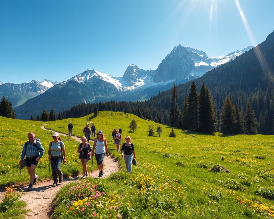 A breathtaking view of the Albanian Alps during a sunny day, featuring a winding hiking trail that meanders through lush green meadows sprinkled with vibrant wildflowers. In the foreground, include a diverse group of hikers dressed in modest, casual outdoor clothing, energetically walking along the path, their smiling faces reflecting enjoyment and adventure. In the middle ground, majestic, snow-capped peaks rise sharply against a clear blue sky, while patches of dense forest add depth and contrast. Soft beams of sunlight filter through the trees, creating a warm and inviting atmosphere. The perspective should be slightly elevated, capturing the beauty of the landscape and the vibrancy of the hikers, evoking a sense of exploration and connection with nature.