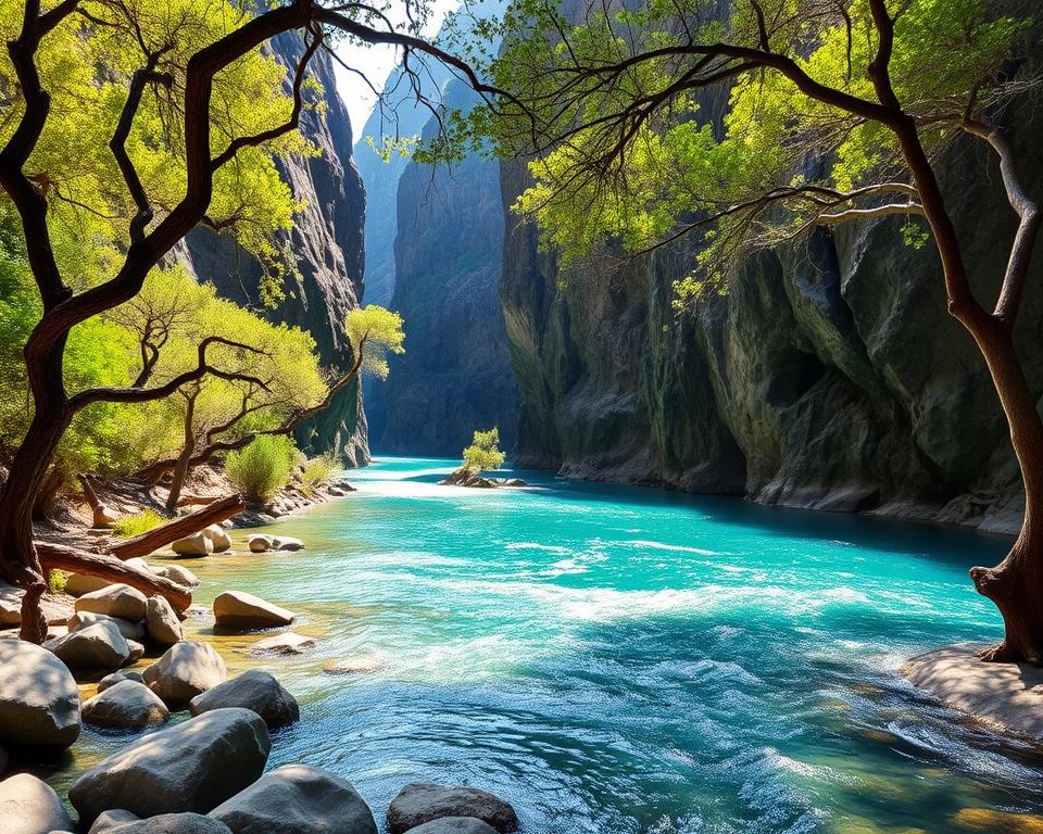 A breathtaking view of the Alcantara Gorge in Sicily, featuring a crystal-clear river flowing through dramatic basalt cliffs. In the foreground, smooth stones and lush greenery frame the riverbanks, while twisted trees add depth. The middle ground showcases the vibrant turquoise waters contrasting against the dark volcanic rock, with gentle waves reflecting sunlight. In the background, towering canyon walls rise steeply, partly shaded by the early morning sun, creating a serene and inviting atmosphere. Soft, dappled sunlight filters through the trees, enhancing the natural beauty. The scene conveys a peaceful and refreshing mood, perfect for a hiking adventure. The image is captured from a slightly elevated angle, emphasizing the canyon's grandeur without any people or text overlays. A breathtaking view of the Alcantara Gorge in Sicily, featuring a crystal-clear river flowing through dramatic basalt cliffs. In the foreground, smooth stones and lush greenery frame the riverbanks, while twisted trees add depth. The middle ground showcases the vibrant turquoise waters contrasting against the dark volcanic rock, with gentle waves reflecting sunlight. In the background, towering canyon walls rise steeply, partly shaded by the early morning sun, creating a serene and inviting atmosphere. Soft, dappled sunlight filters through the trees, enhancing the natural beauty. The scene conveys a peaceful and refreshing mood, perfect for a hiking adventure. The image is captured from a slightly elevated angle, emphasizing the canyon's grandeur without any people or text overlays.