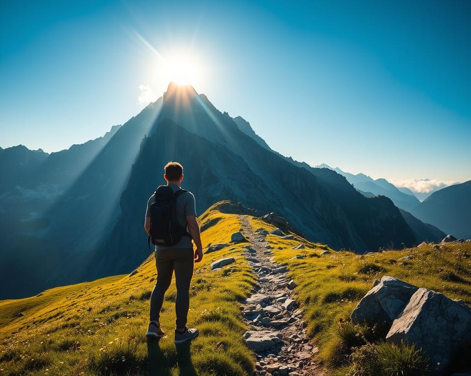 A breathtaking view of the Benediktenwand mountain, captured in the early morning light with soft golden rays illuminating its rugged cliffs. In the foreground, a hiker in modest activewear stands, gazing up at the imposing summit, embodying determination and awe. The middle ground features lush green meadows dotted with wildflowers, leading the way to a rocky path that ascends toward the mountain. In the background, the majestic Benediktenwand showcases steep, jagged peaks reaching into a clear blue sky, with wisps of clouds framing the summit. The atmosphere is serene yet adventurous, evoking a sense of challenge and beauty, as the sunlight casts gentle shadows across the terrain, inviting exploration.