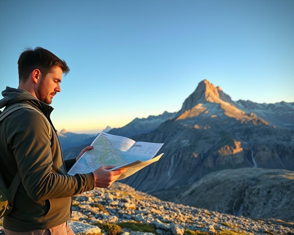 A breathtaking view of the Benediktenwand mountain range during a clear day, showcasing the majestic rocky peaks under a bright blue sky. In the foreground, a hiker in modest casual clothing studies a weather map, highlighting the importance of safety in the mountains. Their expression is focused and serious, emphasizing preparedness. The middle ground features steep, rugged terrain with scattered rocks, suggesting potential for rockfall, while a distant waterfall cascades down the cliffs. The background reveals the impressive summit of Benediktenwand, casting long shadows as the sun starts to set, creating an atmosphere of tranquility yet alertness. Use soft, natural lighting to enhance the scenic beauty, capturing the essence of hiking safety in the mountains.
