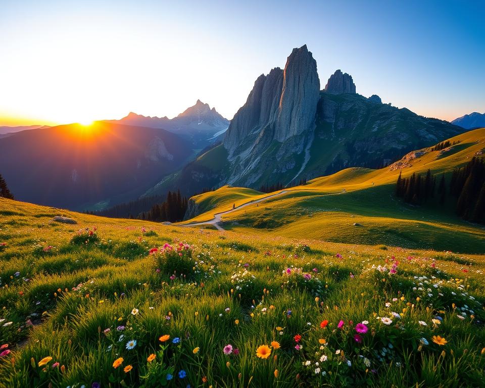 A breathtaking view of the Benediktenwand mountain range during a vibrant sunrise. In the foreground, lush green meadows filled with colorful alpine wildflowers create a lively scene. The middle ground features picturesque hiking trails winding through rocky outcrops and patches of dense forest, hinting at the journey ahead. In the background, majestic cliffs and towering peaks of Benediktenwand rise dramatically against a clear sky, painted in warm hues of orange and pink from the early morning light. The atmosphere is serene and awe-inspiring, evoking a sense of adventure and the beauty of nature. Capture this scene using a wide-angle lens to emphasize the vastness and depth, with soft, natural lighting to enhance the tranquil mood.