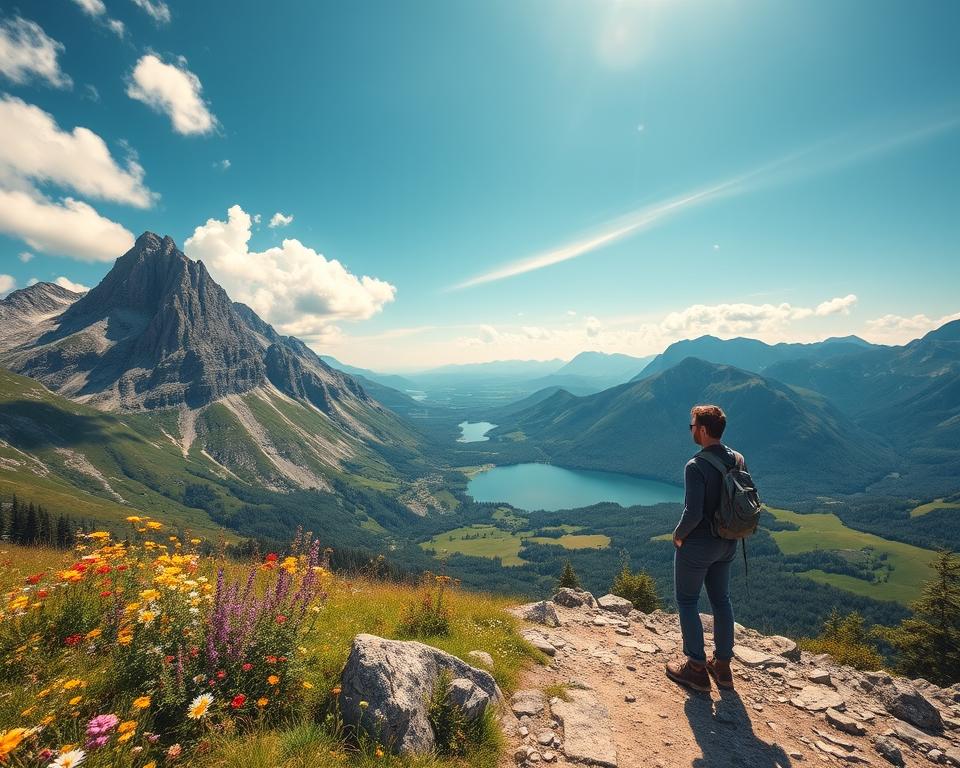 A breathtaking view of the Benediktenwand mountain range, showcasing its rugged peaks and lush green valleys. In the foreground, a panoramic vista captures vibrant wildflowers and a rocky path inviting hikers towards a scenic viewpoint. The middle ground features a clear, serene lake reflecting the towering mountains, while the background showcases the majestic Benediktenwand peaks under a brilliant blue sky with soft, fluffy clouds. The sunlight casts warm golden tones, enhancing the vibrant colors of the landscape. A hiker in modest casual clothing stands at the viewpoint, taking in the magnificent scenery, with a wide-angle perspective that emphasizes the grandeur of nature. The atmosphere is tranquil and inspiring, perfect for photography enthusiasts seeking the best moments of their adventure.