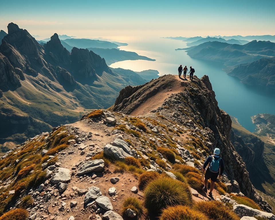 A breathtaking view of the Comer See region during a challenging mountain hike, focusing on towering peaks and rugged ridges. In the foreground, a winding trail carved into the rocky terrain snakes upward, flanked by hardy alpine flora. Midground features a steep incline leading to a dramatic summit, with hikers dressed in modest casual clothing, showcasing determination as they ascend. The background reveals the stunning expanse of Lake Como, its waters shimmering under a clear blue sky. Golden hour lighting casts warm hues across the landscape, enhancing the sense of adventure and serenity. The overall mood is one of triumph and awe, capturing the spirit of exploring demanding mountain routes. A breathtaking view of the Comer See region during a challenging mountain hike, focusing on towering peaks and rugged ridges. In the foreground, a winding trail carved into the rocky terrain snakes upward, flanked by hardy alpine flora. Midground features a steep incline leading to a dramatic summit, with hikers dressed in modest casual clothing, showcasing determination as they ascend. The background reveals the stunning expanse of Lake Como, its waters shimmering under a clear blue sky. Golden hour lighting casts warm hues across the landscape, enhancing the sense of adventure and serenity. The overall mood is one of triumph and awe, capturing the spirit of exploring demanding mountain routes.