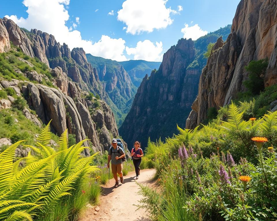 A breathtaking view of the Fehler Schluchtenwanderung, capturing the essence of a rugged canyon landscape rich with sharp rock formations and lush greenery. In the foreground, a well-worn trail guides the viewer's eye through dramatic cliffs flanked by tall, vibrant ferns and wildflowers. The middle ground showcases hikers in modest casual clothing, carefully navigating the terrain, their expressions showing focus and determination. The background reveals towering canyon walls under a bright blue sky, with soft, fluffy clouds casting gentle shadows on the rock face. Soft, warm lighting enhances the scene, creating a sense of adventure and tranquility. The perspective is slightly elevated, providing an expansive view of the gorge, inviting contemplation and exploration. The overall mood is one of excitement balanced with caution, perfect for illustrating common planning mistakes during hiking adventures.