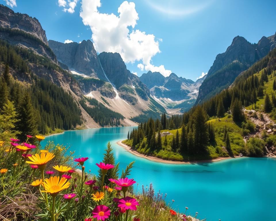 A breathtaking view of the Naturwunder Blaues Auge Theth, depicting its stunning turquoise waters surrounded by lush greenery and rugged mountains. In the foreground, vibrant wildflowers bloom, adding splashes of color to the scene. The middle ground features the crystal-clear, eye-shaped spring, its vibrant blue contrasting beautifully with the surrounding foliage. Towering cliffs and dense forests rise in the background, under a clear blue sky with soft, fluffy clouds. The soft sunlight creates a warm and inviting atmosphere, illuminating the landscape and enhancing the colors. Capture this scene with a wide-angle lens to emphasize the expansive beauty of the Albanian Alps, inviting viewers to appreciate the serene natural landscape.
