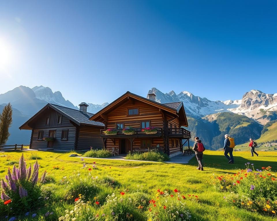 A breathtaking view of the Olpererhütte, nestled in the majestic Alps of Tirol during the best hiking season. In the foreground, a rustic wooden hut with a charming balcony adorned with flower boxes, surrounded by vibrant wildflowers in rich colors. The mid-ground features lush green meadows dotted with hikers dressed in modest outdoor gear, capturing the spirit of adventure and exploration. In the background, towering snow-capped peaks under a clear blue sky, with sunlight streaming through, casting warm, golden hues across the landscape. The atmosphere is serene and inviting, evoking a sense of tranquility and connection with nature. The image should be captured from a slightly elevated angle to showcase the hut's picturesque setting against the grandeur of the mountains.