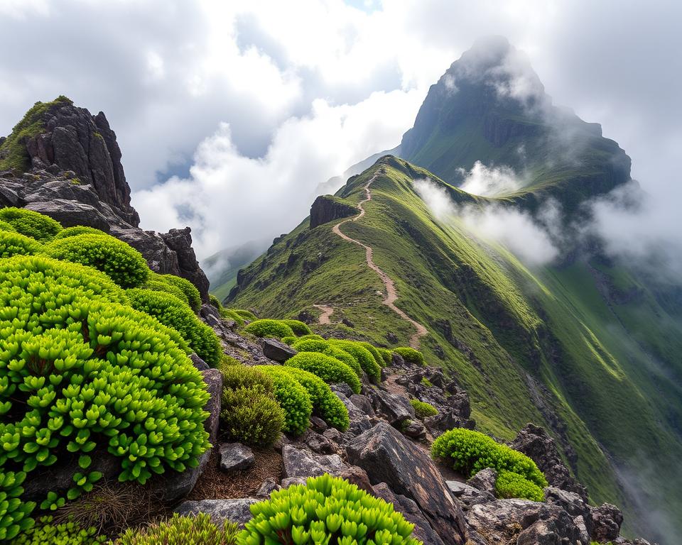 A breathtaking view of the Pico de Arieiro in Madeira, showcasing a popular hiking route. In the foreground, rugged mountain terrain with vibrant green shrubs and rocky outcrops leads the eye toward the trail. The middle ground features a winding path that meanders through the mist, flanked by steep cliffs and dramatic rock formations. The background reveals the towering peak of Pico de Arieiro, adorned with patches of sunlight breaking through the clouds, revealing the stunning contrast of rich greens and rocky grays. The scene is illuminated by soft, diffused morning light, creating a tranquil and inviting atmosphere. Capture this image from a slightly elevated angle, enhancing the sense of depth and exploration. A breathtaking view of the Pico de Arieiro in Madeira, showcasing a popular hiking route. In the foreground, rugged mountain terrain with vibrant green shrubs and rocky outcrops leads the eye toward the trail. The middle ground features a winding path that meanders through the mist, flanked by steep cliffs and dramatic rock formations. The background reveals the towering peak of Pico de Arieiro, adorned with patches of sunlight breaking through the clouds, revealing the stunning contrast of rich greens and rocky grays. The scene is illuminated by soft, diffused morning light, creating a tranquil and inviting atmosphere. Capture this image from a slightly elevated angle, enhancing the sense of depth and exploration.