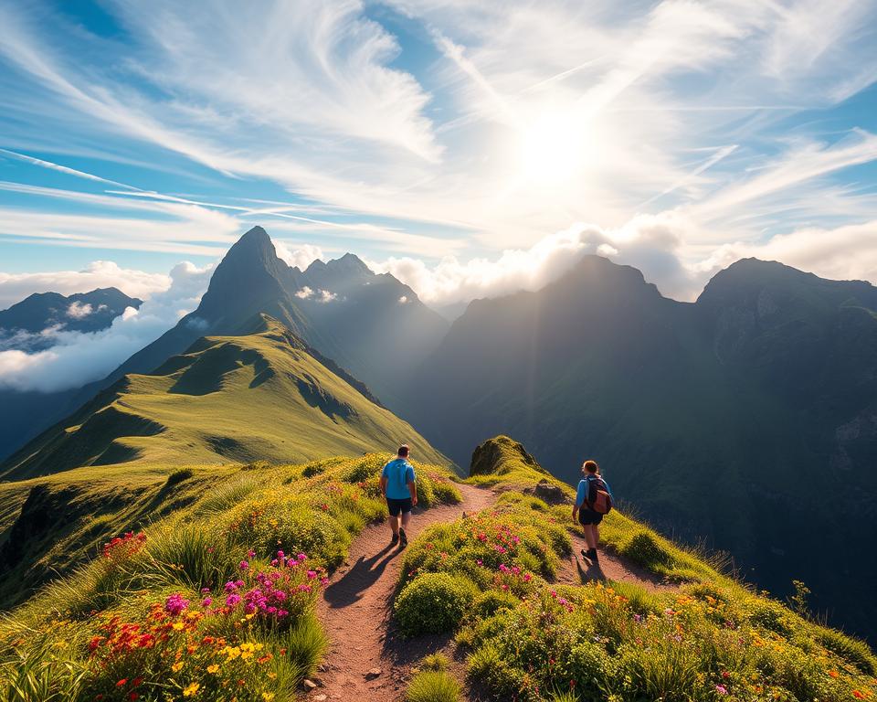 A breathtaking view of the Pico de Arieiro in Madeira, showcasing its majestic rugged peaks and lush greenery. In the foreground, a well-marked hiking trail leads toward the mountains, inviting adventurers to explore. Midground features vibrant wildflowers blooming along the trail, with hikers dressed in moderate casual clothing enjoying the scenic landscape. The background displays the dramatic cliffs and swirling clouds against a blue sky, capturing the allure of sunrise or early morning light. Soft, golden rays illuminate the mountains, enhancing the rich textures of the rocky terrain. The atmosphere is serene yet invigorating, embodying the perfect hiking conditions for travelers seeking the best time to explore Madeira’s natural beauty. The composition is shot with a wide-angle lens to emphasize the grandeur of the scenery. A breathtaking view of the Pico de Arieiro in Madeira, showcasing its majestic rugged peaks and lush greenery. In the foreground, a well-marked hiking trail leads toward the mountains, inviting adventurers to explore. Midground features vibrant wildflowers blooming along the trail, with hikers dressed in moderate casual clothing enjoying the scenic landscape. The background displays the dramatic cliffs and swirling clouds against a blue sky, capturing the allure of sunrise or early morning light. Soft, golden rays illuminate the mountains, enhancing the rich textures of the rocky terrain. The atmosphere is serene yet invigorating, embodying the perfect hiking conditions for travelers seeking the best time to explore Madeira’s natural beauty. The composition is shot with a wide-angle lens to emphasize the grandeur of the scenery.