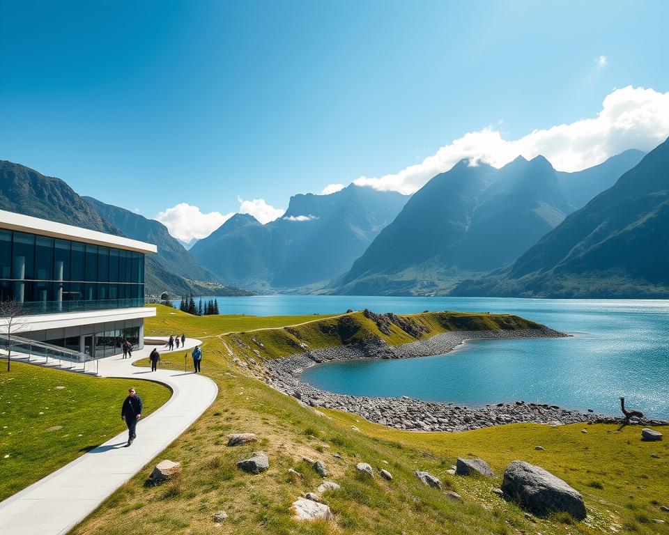 A breathtaking view of the Schlegeisspeicher reservoir in Tirol, showcasing its infrastructure. In the foreground, capture the sleek modern visitor center with large windows reflecting the surrounding mountains, alongside a well-maintained walking path populated by a few hikers in modest casual clothing. The middle ground features the tranquil blue waters of the reservoir, bordered by rocky shores and lush green grass. In the background, towering mountains rise dramatically, partially shrouded in clouds under a clear blue sky. The lighting is bright and sunny, illuminating the scene and casting soft shadows, evoking a feeling of adventure and serenity. Use a wide-angle lens to emphasize the expansive landscape and create depth in the composition. Aim for a vibrant and inviting atmosphere that inspires exploration.