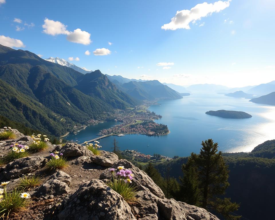 A breathtaking viewpoint of Lago di Como, showcasing the serene beauty of the lake surrounded by lush green mountains. In the foreground, a rocky ledge is dotted with wildflowers, inviting hikers to gaze into the landscape. The middle ground features the shimmering blue waters of the lake, with quaint villages nestled along the shore, their colorful houses reflecting the sunlight. The background is dominated by majestic, snow-capped mountains under a clear blue sky with a few fluffy clouds. Soft, golden-hour lighting casts a warm glow over the scene, emphasizing the natural textures. The overall mood is peaceful and inspiring, perfect for hikers looking to explore the top regions around the lake. The composition should be captured from a slightly elevated angle, enhancing the panoramic view of this idyllic setting. A breathtaking viewpoint of Lago di Como, showcasing the serene beauty of the lake surrounded by lush green mountains. In the foreground, a rocky ledge is dotted with wildflowers, inviting hikers to gaze into the landscape. The middle ground features the shimmering blue waters of the lake, with quaint villages nestled along the shore, their colorful houses reflecting the sunlight. The background is dominated by majestic, snow-capped mountains under a clear blue sky with a few fluffy clouds. Soft, golden-hour lighting casts a warm glow over the scene, emphasizing the natural textures. The overall mood is peaceful and inspiring, perfect for hikers looking to explore the top regions around the lake. The composition should be captured from a slightly elevated angle, enhancing the panoramic view of this idyllic setting.