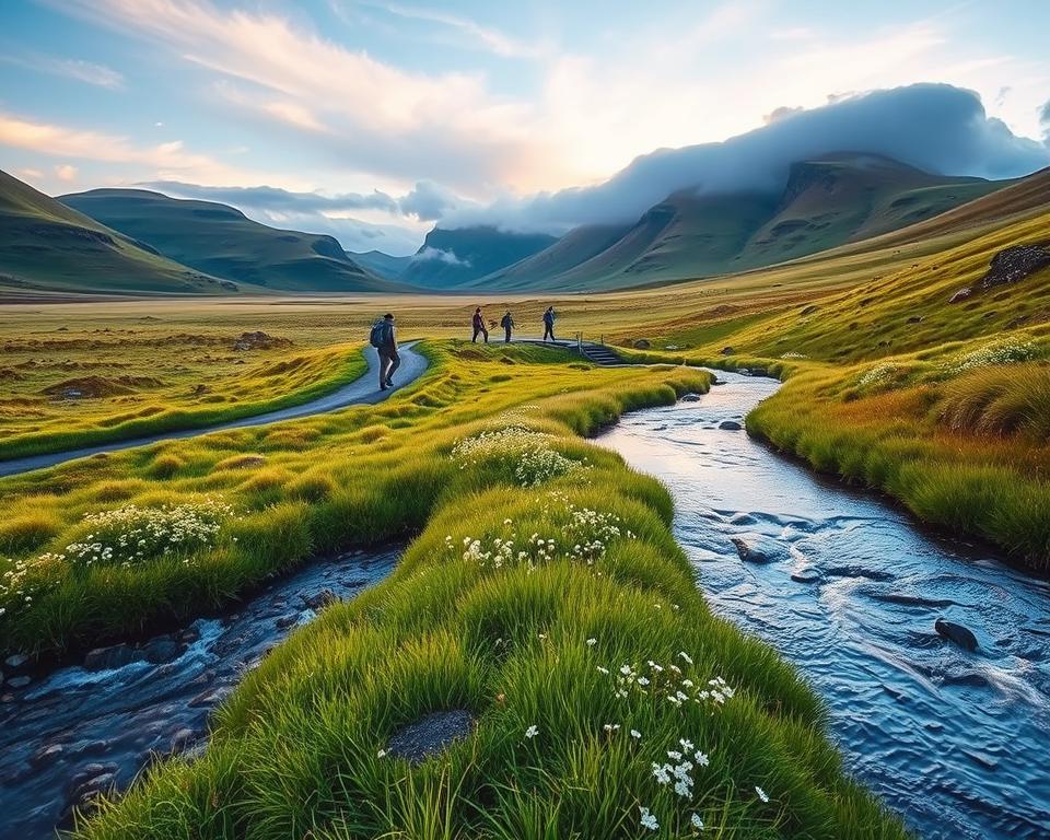 A captivating landscape showcasing the Reykjadalur hot spring thermal river, nestled in the majestic Icelandic hills. In the foreground, a gently flowing stream of warm, crystal-clear water reflects the golden light of a late afternoon sun, surrounded by lush green grasses and delicate wildflowers. In the middle ground, a winding path invites hikers dressed in casual outdoor attire, trekking along the riverbank, emanating a sense of adventure and tranquility. The background features verdant hills with soft, rolling contours, partially shrouded in mist, enhancing the serene and mystical atmosphere. The sky is painted in soft pastels, transitioning from vibrant blues to gentle pinks as the sun sets, casting a warm glow over the scene, evoking feelings of peace and exploration in this natural wonder.