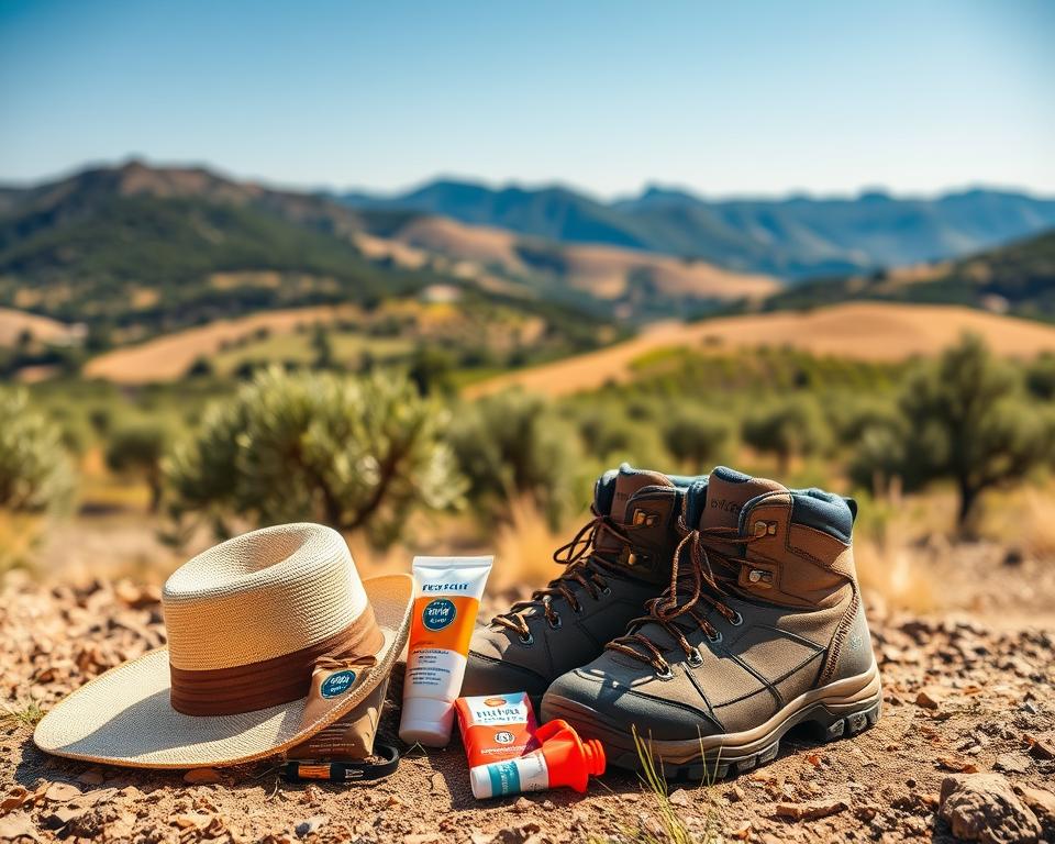 A captivating outdoor scene showcasing essential hiking equipment for an adventure in Sicily. In the foreground, prominently arrange a pair of sturdy hiking boots, a wide-brimmed sun hat, a tube of sunscreen, and a compact first-aid kit. In the middle ground, depict a breathtaking Sicilian landscape with rolling hills and vibrant, sunlit olive groves. High above, a clear blue sky adds to the serene atmosphere. The lighting is warm and inviting, suggesting a perfect day for exploration. Utilize a soft focus to create depth, emphasizing the foreground elements while hinting at the expansive beauty of the Sicilian countryside. Ensure the overall mood is adventurous and welcoming, inspiring viewers to embrace their hiking journey in this picturesque region. A captivating outdoor scene showcasing essential hiking equipment for an adventure in Sicily. In the foreground, prominently arrange a pair of sturdy hiking boots, a wide-brimmed sun hat, a tube of sunscreen, and a compact first-aid kit. In the middle ground, depict a breathtaking Sicilian landscape with rolling hills and vibrant, sunlit olive groves. High above, a clear blue sky adds to the serene atmosphere. The lighting is warm and inviting, suggesting a perfect day for exploration. Utilize a soft focus to create depth, emphasizing the foreground elements while hinting at the expansive beauty of the Sicilian countryside. Ensure the overall mood is adventurous and welcoming, inspiring viewers to embrace their hiking journey in this picturesque region.
