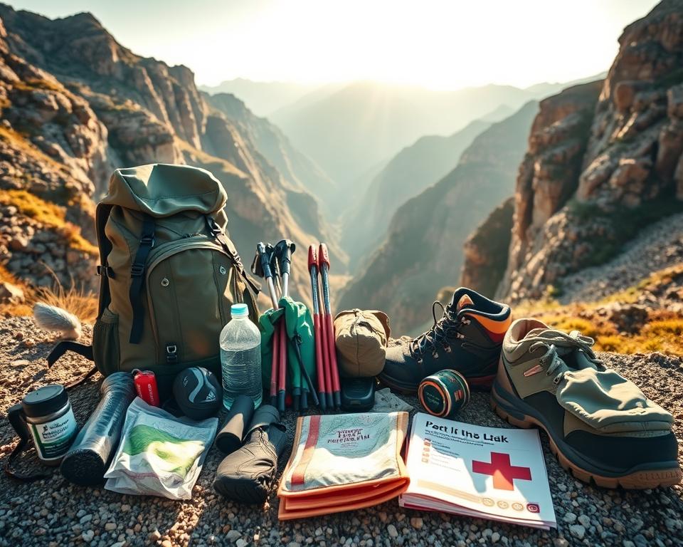 A captivating scene illustrating a detailed packing list for a gorge hiking adventure. In the foreground, showcase an assortment of essential hiking gear neatly arranged: a sturdy backpack, water bottle, trekking poles, a map, and a first aid kit. In the middle ground, display a pair of hiking boots and a lightweight jacket, hinting at readiness for an outdoor trek. The background features a breathtaking view of the rugged cliffs of the Kourtaliotiko Gorge, bathed in warm morning sunlight. Use a wide-angle lens to capture the expansive landscape, creating an inviting and adventurous mood. The overall atmosphere should evoke excitement and preparation for exploration, emphasizing the adventure that lies ahead.