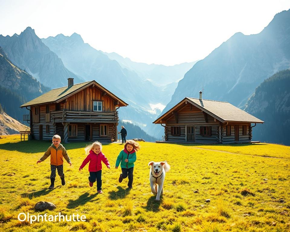 A charming mountain scene featuring the Olpererhütte in Tirol, set against a backdrop of majestic Alpine peaks. In the foreground, children joyfully explore the grassy area near the hut, with a friendly dog playfully running among them. They are dressed in colorful outdoor clothing, embodying a spirit of adventure. The middle ground showcases the rustic charm of the Olpererhütte, its wooden structure blending harmoniously with the natural landscape. The background is filled with rugged mountains bathed in warm, late afternoon sunlight, casting long shadows. The scene evokes a sense of wonder and family bonding in nature, capturing the excitement of hiking with kids and pets. The image has a soft focus with a slight depth of field, enhancing the joyful atmosphere.