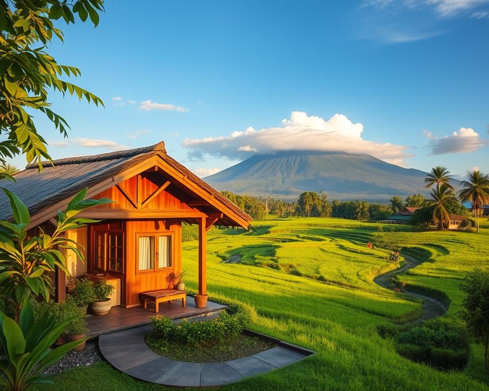 A cozy accommodation nestled in the lush foothills of Mount Agung, surrounded by vibrant green rice terraces and tropical foliage. In the foreground, a charming wooden bungalow with a thatched roof, featuring a small porch adorned with potted plants and inviting seating. The middle ground showcases the terraced fields, with local farmers tending to the crops and a winding path leading up to the mountain. In the background, the majestic silhouette of Mount Agung rises against a clear blue sky, with soft, billowing clouds adding a serene feel to the scene. The lighting is warm and golden, suggesting early morning or late afternoon, enhancing the tranquil and adventurous atmosphere. The overall mood reflects a perfect blend of comfort and nature, ideal for exploring the mountain.