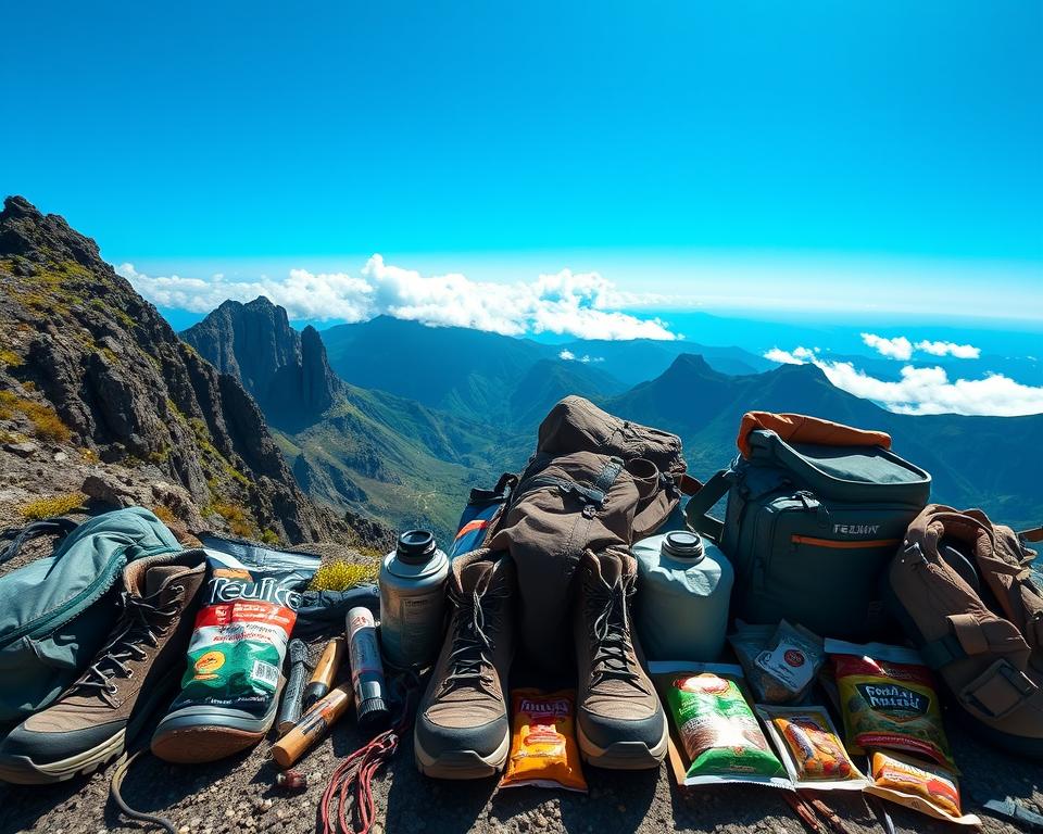 A detailed backpacking essentials scene showcasing a well-organized packlist for hiking Pico do Arieiro in Madeira. In the foreground, feature a neatly arranged assortment of hiking gear: sturdy boots, a weather-resistant jacket, a durable hydration pack, and healthy snacks like trail mix and energy bars. In the middle, a scenic view of Pico do Arieiro's rugged terrain, surrounded by dramatic cliffs and lush greenery under a brilliant blue sky. The background captures the majestic peaks of Madeira, enhancing the sense of adventure. Soft sunlight filters through the clouds, creating an inviting and serene atmosphere, complemented by a wide-angle perspective to emphasize the stunning landscape. Aim for a vibrant yet realistic color palette. The image should be free of any text or overlays. A detailed backpacking essentials scene showcasing a well-organized packlist for hiking Pico do Arieiro in Madeira. In the foreground, feature a neatly arranged assortment of hiking gear: sturdy boots, a weather-resistant jacket, a durable hydration pack, and healthy snacks like trail mix and energy bars. In the middle, a scenic view of Pico do Arieiro's rugged terrain, surrounded by dramatic cliffs and lush greenery under a brilliant blue sky. The background captures the majestic peaks of Madeira, enhancing the sense of adventure. Soft sunlight filters through the clouds, creating an inviting and serene atmosphere, complemented by a wide-angle perspective to emphasize the stunning landscape. Aim for a vibrant yet realistic color palette. The image should be free of any text or overlays.