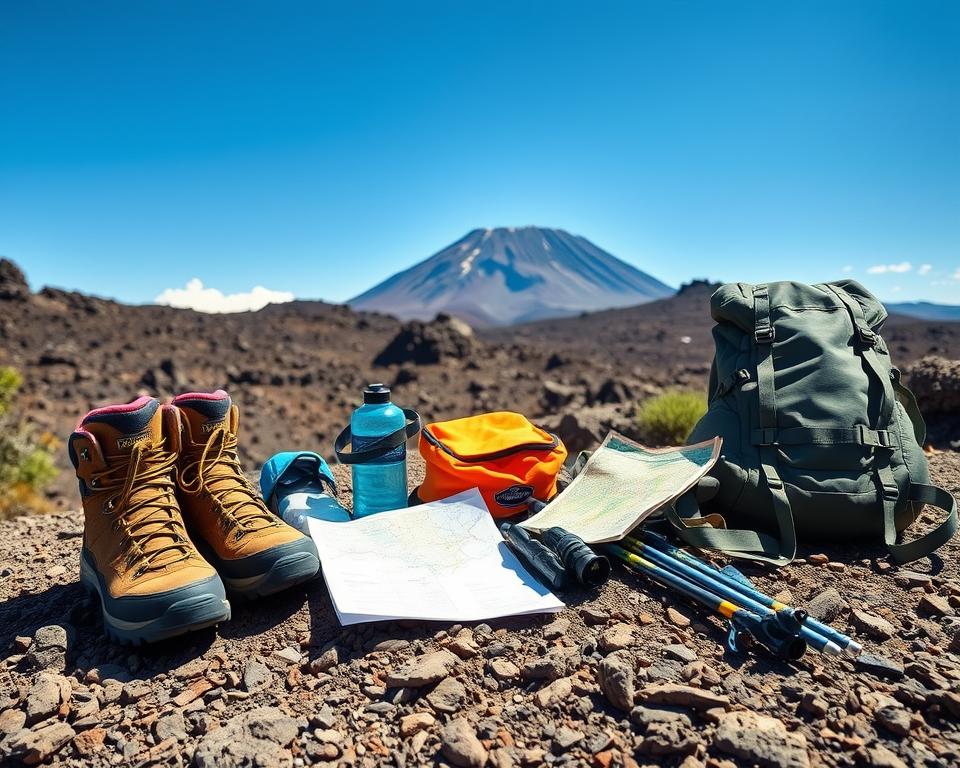 A detailed hiking gear checklist spread out on a rugged, natural surface with Mount Teide in the background. The foreground features a vibrant assortment of hiking essentials: sturdy hiking boots, a weather-proof backpack, a water bottle, a pair of trekking poles, and a map, all arranged artfully. The middle ground showcases the volcanic landscape of Teide, with its unique rock formations and sparse vegetation. The background captures the majestic peak of Mount Teide against a clear blue sky, with a hint of soft clouds. The lighting is bright, conveying a sunny day ideal for hiking, while the angle is slightly elevated to provide a comprehensive view of the gear and the landscape. The mood is adventurous and inviting, drawing viewers into the thrill of hiking in this beautiful location.