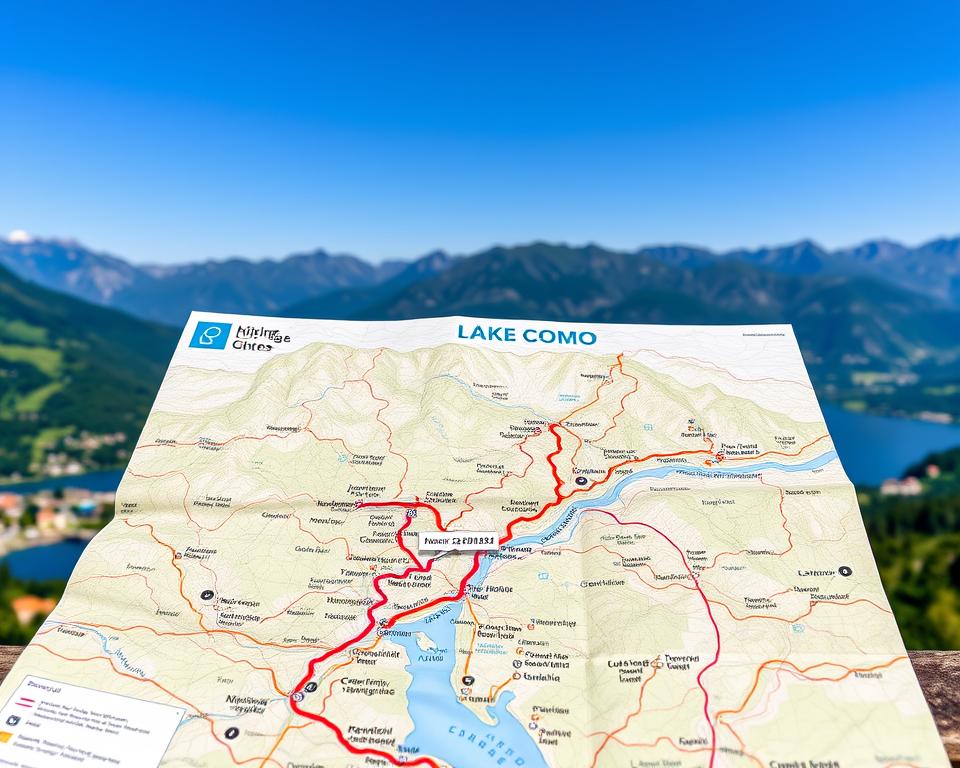 A detailed hiking map of Lake Como, prominently displayed in the foreground, showcasing various marked trails, elevation changes, and landmarks in vivid colors. The middle ground features lush green hills and scenic lakeside views dotted with small charming villages. The background includes majestic mountains under a clear blue sky, with soft, natural lighting that enhances the serene ambiance. Capture an inviting mood that encourages exploration and adventure, with the map appearing slightly worn, suggesting frequent use by hikers. Utilize a wide-angle lens perspective that allows for depth in the landscape. Ensure the image is free of any text or overlays, creating a focused and visually appealing representation of the hiking routes around Lake Como. A detailed hiking map of Lake Como, prominently displayed in the foreground, showcasing various marked trails, elevation changes, and landmarks in vivid colors. The middle ground features lush green hills and scenic lakeside views dotted with small charming villages. The background includes majestic mountains under a clear blue sky, with soft, natural lighting that enhances the serene ambiance. Capture an inviting mood that encourages exploration and adventure, with the map appearing slightly worn, suggesting frequent use by hikers. Utilize a wide-angle lens perspective that allows for depth in the landscape. Ensure the image is free of any text or overlays, creating a focused and visually appealing representation of the hiking routes around Lake Como.