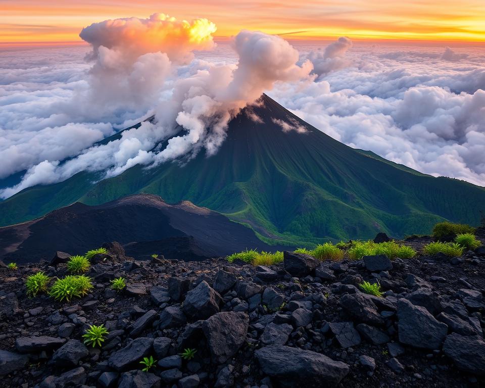 A dramatic scene of Mount Agung, showcasing its volcanic activity, with plumes of smoke and ash rising majestically from the peak. In the foreground, capture a rugged, rocky terrain scattered with volcanic stones and patches of green vegetation, indicating the resilience of nature. The middle ground reveals the slopes of the mountain, layered with dark volcanic rock contrasting against the vibrant green of tropical foliage. The background features a menacing yet beautiful cloud-filled sky, illuminated by the soft orange and purple hues of sunset. The overall atmosphere is one of awe and respect for nature’s power, highlighting the importance of safety for hikers. Use a wide-angle lens to encompass the grandeur of the landscape, ensuring dramatic lighting enhances the volcanic clouds.
