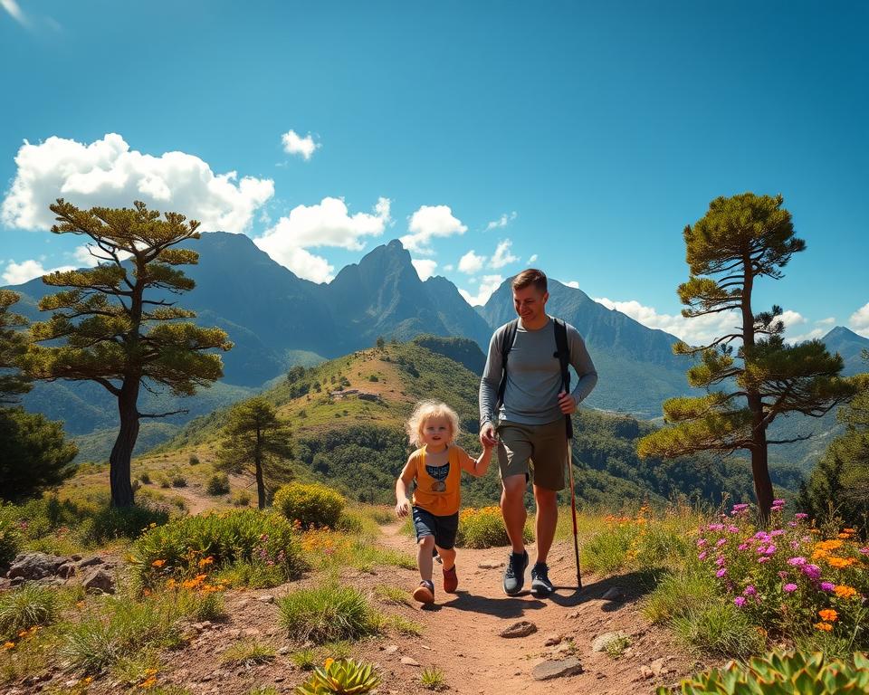 A family hiking along the scenic trails of Pico de Arieiro, Madeira, in the foreground. Two parents and their two children, dressed in casual, modest hiking attire, are enthusiastically exploring the lush landscape. The middle ground features beautiful, rugged mountain terrain with lush greenery and vibrant wildflowers lining the paths. In the background, the dramatic peaks of Madeira rise against a bright blue sky dotted with fluffy white clouds. Soft sunlight filters through the trees, casting a warm and inviting glow across the scene. The atmosphere is cheerful and adventurous, capturing the essence of family-friendly outdoor activities. The image is framed from a slightly low angle to emphasize the grandeur of the peaks while presenting a welcoming perspective for novice hikers. A family hiking along the scenic trails of Pico de Arieiro, Madeira, in the foreground. Two parents and their two children, dressed in casual, modest hiking attire, are enthusiastically exploring the lush landscape. The middle ground features beautiful, rugged mountain terrain with lush greenery and vibrant wildflowers lining the paths. In the background, the dramatic peaks of Madeira rise against a bright blue sky dotted with fluffy white clouds. Soft sunlight filters through the trees, casting a warm and inviting glow across the scene. The atmosphere is cheerful and adventurous, capturing the essence of family-friendly outdoor activities. The image is framed from a slightly low angle to emphasize the grandeur of the peaks while presenting a welcoming perspective for novice hikers.