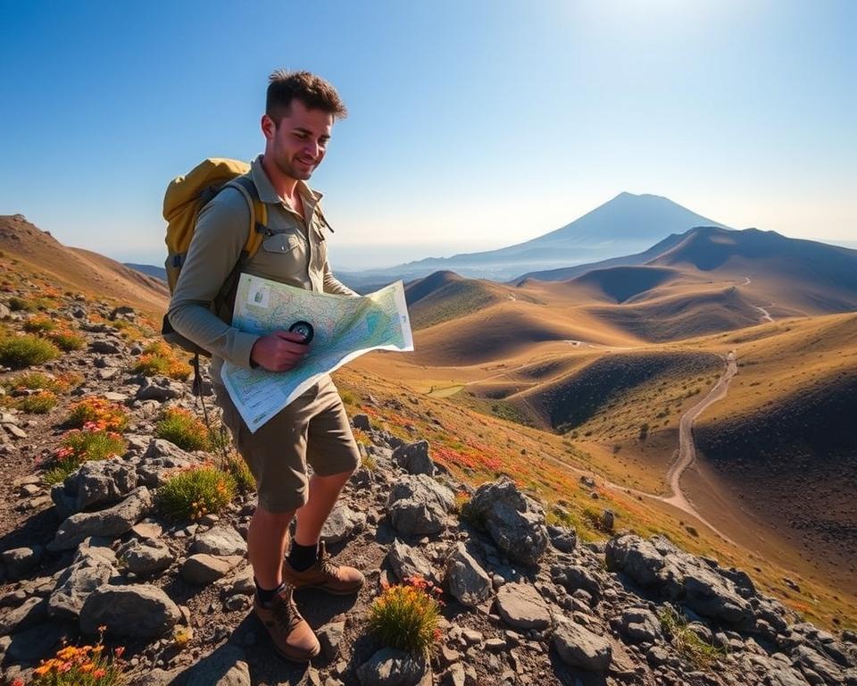 A hiker stands on a rocky trail overlooking the stunning Sicilian landscape, embodying the spirit of adventure and exploration. In the foreground, the hiker, dressed in practical outdoor gear, studies a detailed map and compass, showcasing the theme of careful planning and orientation. The middle ground reveals undulating hills blanketed in vibrant wildflowers, with a mix of rugged paths and gentle slopes visible. In the background, Mount Etna rises majestically against a clear blue sky, adding to the sense of scale and natural beauty. The scene is illuminated by soft, golden sunlight, creating a warm, inviting atmosphere that captures the excitement and challenge of hiking in Sicily. The overall mood is inspiring and adventurous, perfect for illustrating the thrill of exploring new trails. A hiker stands on a rocky trail overlooking the stunning Sicilian landscape, embodying the spirit of adventure and exploration. In the foreground, the hiker, dressed in practical outdoor gear, studies a detailed map and compass, showcasing the theme of careful planning and orientation. The middle ground reveals undulating hills blanketed in vibrant wildflowers, with a mix of rugged paths and gentle slopes visible. In the background, Mount Etna rises majestically against a clear blue sky, adding to the sense of scale and natural beauty. The scene is illuminated by soft, golden sunlight, creating a warm, inviting atmosphere that captures the excitement and challenge of hiking in Sicily. The overall mood is inspiring and adventurous, perfect for illustrating the thrill of exploring new trails.