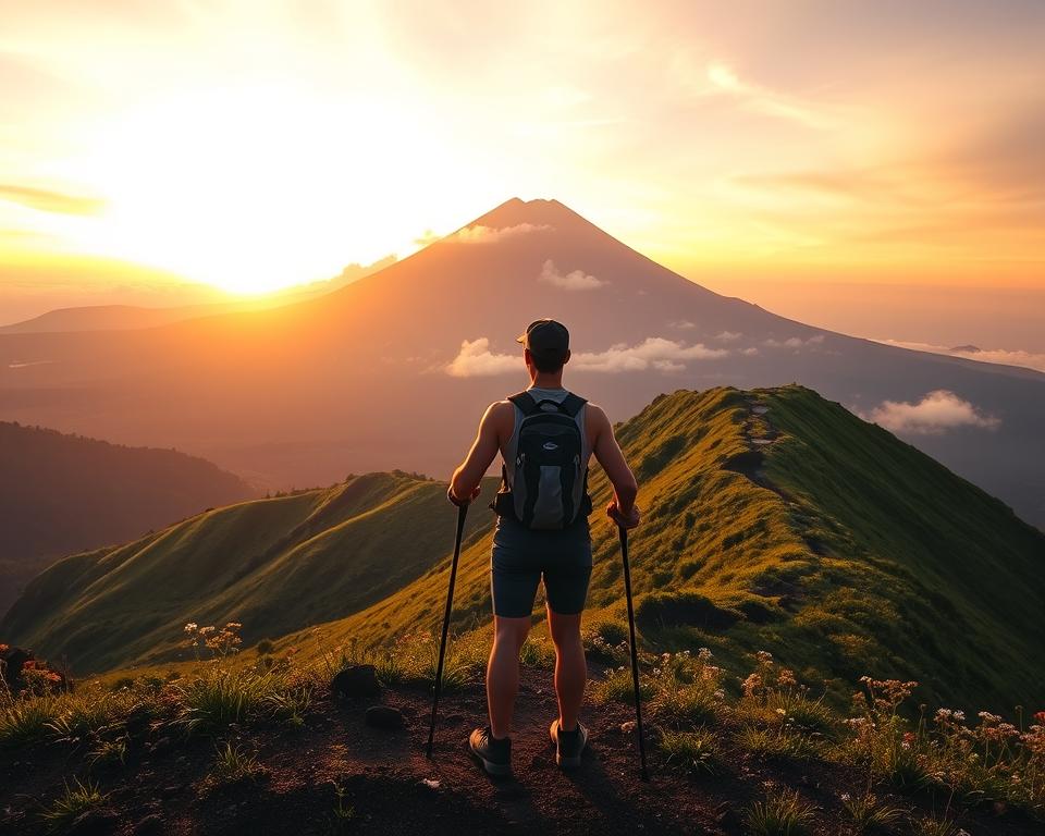 A majestic view of Mount Agung in Bali at sunrise, casting a warm golden light over the landscape. In the foreground, a fit hiker in modest, casual athletic wear stands confidently, gazing up at the mountain. The hiker is equipped with a hydration pack and trekking poles, embodying physical preparation for the climb. In the middle ground, lush green trails wind up the slopes, dotted with wildflowers, showcasing a vibrant and inviting hiking path. The background features the impressive silhouette of Mount Agung, partially shrouded in mist, under a sky painted with hues of orange and pink. The atmosphere is one of anticipation and adventure, inspiring a sense of readiness and excitement for the journey ahead. The shot is taken from a low angle, enhancing the grandeur of the mountain.