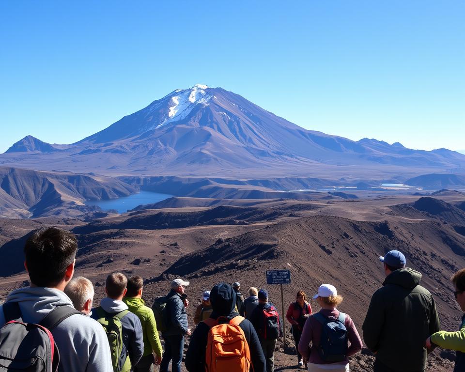 A panoramic view of Mount Teide, capturing the rugged volcanic landscape bathed in soft morning light. In the foreground, a diverse group of hikers, dressed in practical outdoor clothing, gazes up at the imposing mountain, illustrating the cost of adventure. The middle ground features a winding trail leading towards the base of the mountain, with subtle signs indicating permit requirements and potential guide services. In the background, the towering peak of Teide is accentuated against a clear blue sky, highlighting its majestic presence. The atmosphere is one of anticipation and exploration, focusing on the beauty of nature while subtly conveying the logistical aspects of the hike, with vibrant colors and rich textures that evoke a sense of adventure and excitement.