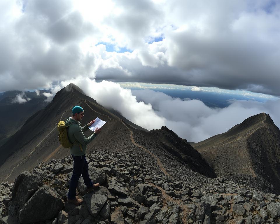 A panoramic view of the Pico de Arieiro in Madeira, showcasing a rugged mountain landscape under a dramatic sky with dark clouds signaling an impending weather change. In the foreground, a hiker dressed in warm, practical clothing stands at a rocky outcrop, examining a map with a concerned expression. The middle ground features steep rocky trails leading up the mountain, partially obscured by thick fog, emphasizing the hazards of low visibility. The background reveals the towering peaks of the mountain range, with patches of sunlight breaking through the clouds, casting an ethereal glow. The scene captures a tense yet beautiful moment in nature, highlighting the potential risks of hiking in unpredictable weather conditions. A panoramic view of the Pico de Arieiro in Madeira, showcasing a rugged mountain landscape under a dramatic sky with dark clouds signaling an impending weather change. In the foreground, a hiker dressed in warm, practical clothing stands at a rocky outcrop, examining a map with a concerned expression. The middle ground features steep rocky trails leading up the mountain, partially obscured by thick fog, emphasizing the hazards of low visibility. The background reveals the towering peaks of the mountain range, with patches of sunlight breaking through the clouds, casting an ethereal glow. The scene captures a tense yet beautiful moment in nature, highlighting the potential risks of hiking in unpredictable weather conditions.