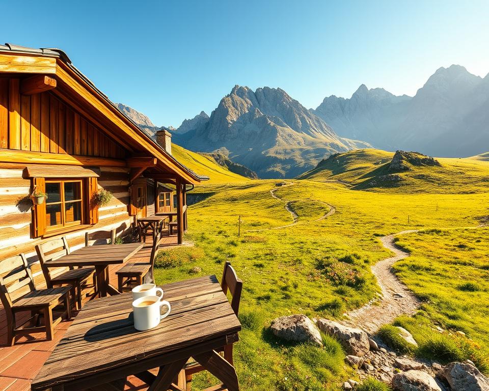 A picturesque alpine hut, Einkehr Benediktenwand, nestled in the sweeping landscape of the Benediktenwand mountains. In the foreground, a wooden terrace adorned with rustic tables and chairs invites hikers to take a break, with steaming mugs of coffee and delicious local pastries on the tables. The middle ground showcases the vibrant green of surrounding meadows dotted with colorful wildflowers, while well-marked hiking trails weave through the scenery. In the background, majestic peaks rise against a clear blue sky, bathed in warm golden sunlight of late afternoon. Capture a serene atmosphere that evokes a sense of tranquility and enjoyment, inviting viewers to imagine a relaxing pause among nature. Use a slightly elevated angle to highlight the hut’s inviting structure against the stunning mountain backdrop, enhancing the overall sense of adventure and pause.