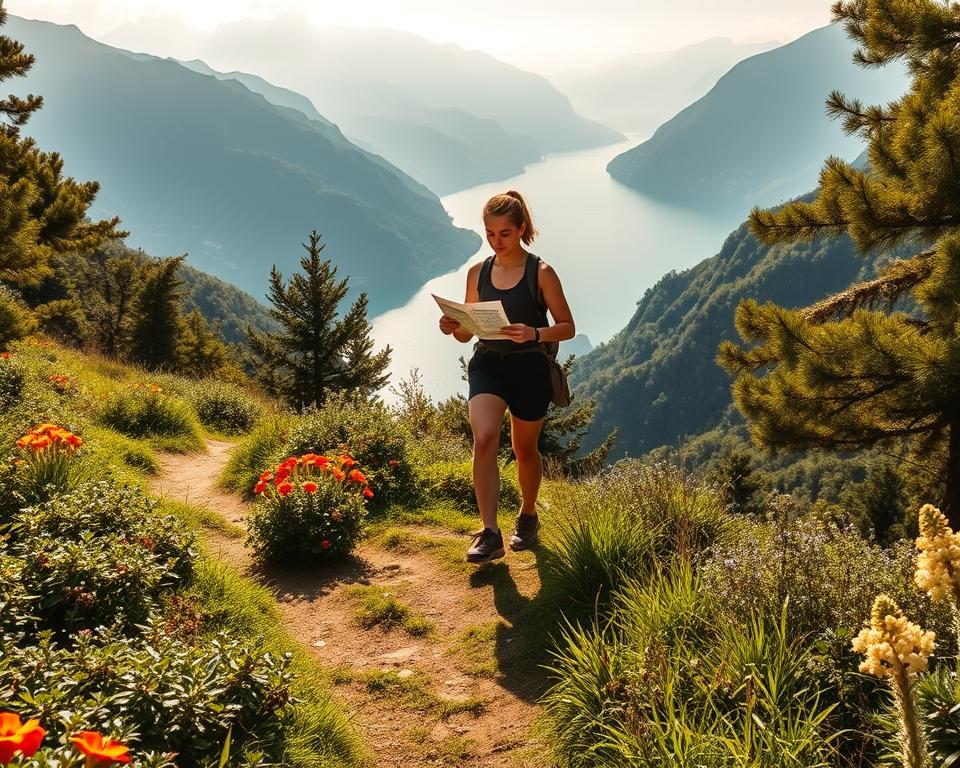 A picturesque hiking trail at Lake Como, showcasing varying levels of difficulty. In the foreground, a well-defined path leads through lush greenery, with vibrant wildflowers along the edges. Middle ground features a hiker in modest athletic clothing, studying a map to determine the right route for their fitness level. The background captures the stunning lake surrounded by steep hills and distant mountains shrouded in mist, creating a sense of adventure. The lighting is warm and inviting, with golden hour sunlight filtering through the trees, casting soft shadows. The overall mood is calm yet invigorating, inspiring exploration and connection with nature. A picturesque hiking trail at Lake Como, showcasing varying levels of difficulty. In the foreground, a well-defined path leads through lush greenery, with vibrant wildflowers along the edges. Middle ground features a hiker in modest athletic clothing, studying a map to determine the right route for their fitness level. The background captures the stunning lake surrounded by steep hills and distant mountains shrouded in mist, creating a sense of adventure. The lighting is warm and inviting, with golden hour sunlight filtering through the trees, casting soft shadows. The overall mood is calm yet invigorating, inspiring exploration and connection with nature.