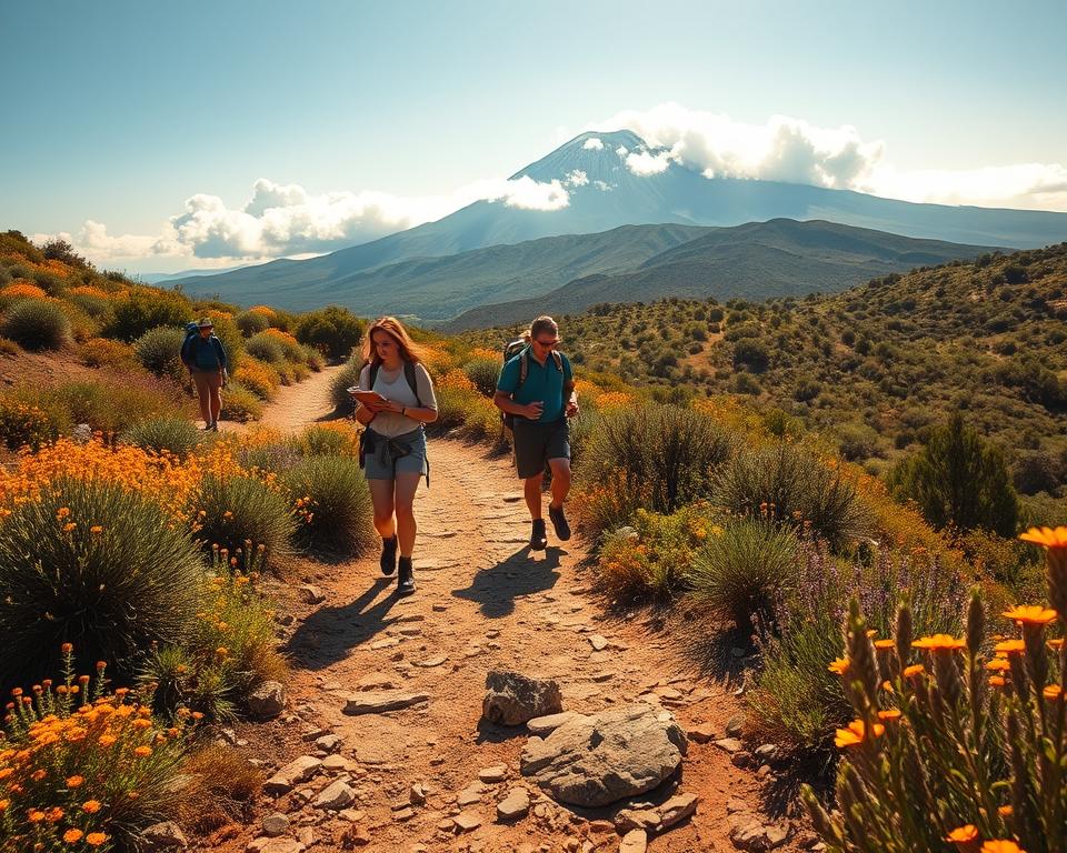 A picturesque hiking trail in Sicily, winding through a lush, sun-dappled landscape. In the foreground, a rugged path lined with colorful wildflowers leads the eye. The middle ground features hikers dressed in casual outdoor attire, exploring the diverse terrain, with one individual taking notes in a small notepad, symbolizing adventure and discovery. In the background, the majestic Mount Etna looms, partially shrouded in clouds, providing a dramatic focal point. The lighting is warm and golden, capturing the essence of a late afternoon sun, casting soft shadows and enhancing the vibrant landscape. The atmosphere is serene yet invigorating, illustrating the beauty of Sicily’s hiking routes and inviting viewers to embark on their own outdoor journey. A picturesque hiking trail in Sicily, winding through a lush, sun-dappled landscape. In the foreground, a rugged path lined with colorful wildflowers leads the eye. The middle ground features hikers dressed in casual outdoor attire, exploring the diverse terrain, with one individual taking notes in a small notepad, symbolizing adventure and discovery. In the background, the majestic Mount Etna looms, partially shrouded in clouds, providing a dramatic focal point. The lighting is warm and golden, capturing the essence of a late afternoon sun, casting soft shadows and enhancing the vibrant landscape. The atmosphere is serene yet invigorating, illustrating the beauty of Sicily’s hiking routes and inviting viewers to embark on their own outdoor journey.