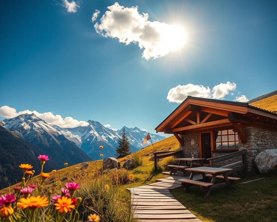A picturesque mountain scene featuring the Olpererhütte, a cozy alpine hut located in the breathtaking Tyrolean landscape. In the foreground, vibrant wildflowers bloom, while a wooden path leads up to the inviting entrance of the hut, where small tables with traditional benches are set up for guests. The middle ground showcases the rustic architecture of the Olpererhütte, with its wooden beams and stone foundation, surrounded by greenery and boulders. In the background, towering snow-capped peaks rise under a clear blue sky with soft, fluffy clouds, suggesting a serene atmosphere. Golden sunlight bathes the scene, creating a warm, inviting mood. Capture this idyllic landscape from a slightly elevated angle, emphasizing the natural beauty and tranquility of the location, devoid of any people or distractions.