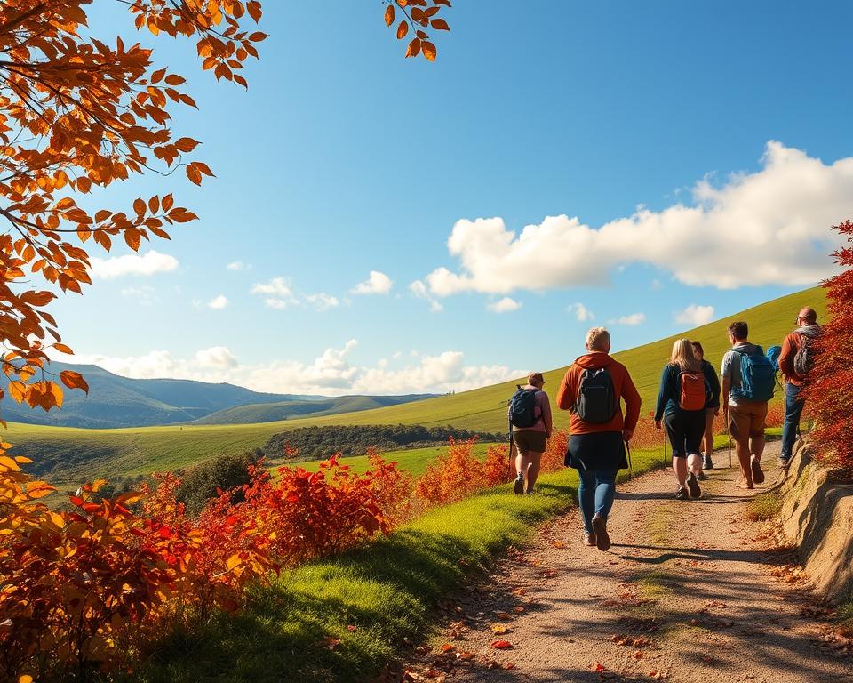 A picturesque scene capturing the essence of the Camino Portugues during its best travel season, showcasing vibrant autumn foliage along the trail. In the foreground, a well-trodden path bordered by golden and crimson leaves, with a gentle slope leading to the middle ground. Here, a group of travelers in modest casual clothing with backpacks chat and enjoy the scenery, embodying camaraderie and adventure. The background features rolling green hills under a bright blue sky, dappled sunlight enhancing the tranquil atmosphere. Soft clouds drift lazily, suggesting pleasant weather. The composition uses natural lighting to evoke a warm, inviting mood, with a medium camera angle that embraces the beauty of the landscape without any human distractions. A picturesque scene capturing the essence of the Camino Portugues during its best travel season, showcasing vibrant autumn foliage along the trail. In the foreground, a well-trodden path bordered by golden and crimson leaves, with a gentle slope leading to the middle ground. Here, a group of travelers in modest casual clothing with backpacks chat and enjoy the scenery, embodying camaraderie and adventure. The background features rolling green hills under a bright blue sky, dappled sunlight enhancing the tranquil atmosphere. Soft clouds drift lazily, suggesting pleasant weather. The composition uses natural lighting to evoke a warm, inviting mood, with a medium camera angle that embraces the beauty of the landscape without any human distractions.